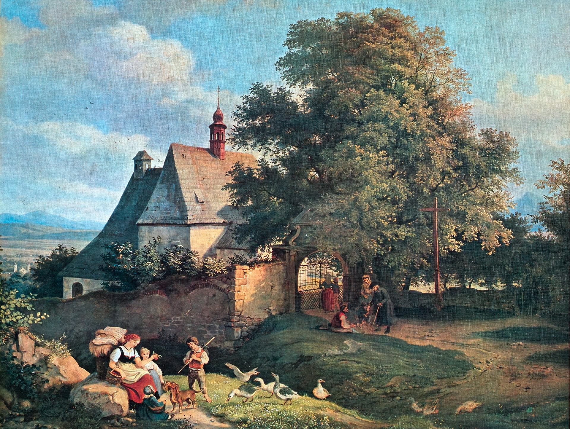 The Church of St. Anna in Groupee, genre, parishioners, geese, 1080P, picture, children, people, Adrian Ludwig Richter, trees, landscape, HD Wallpaper