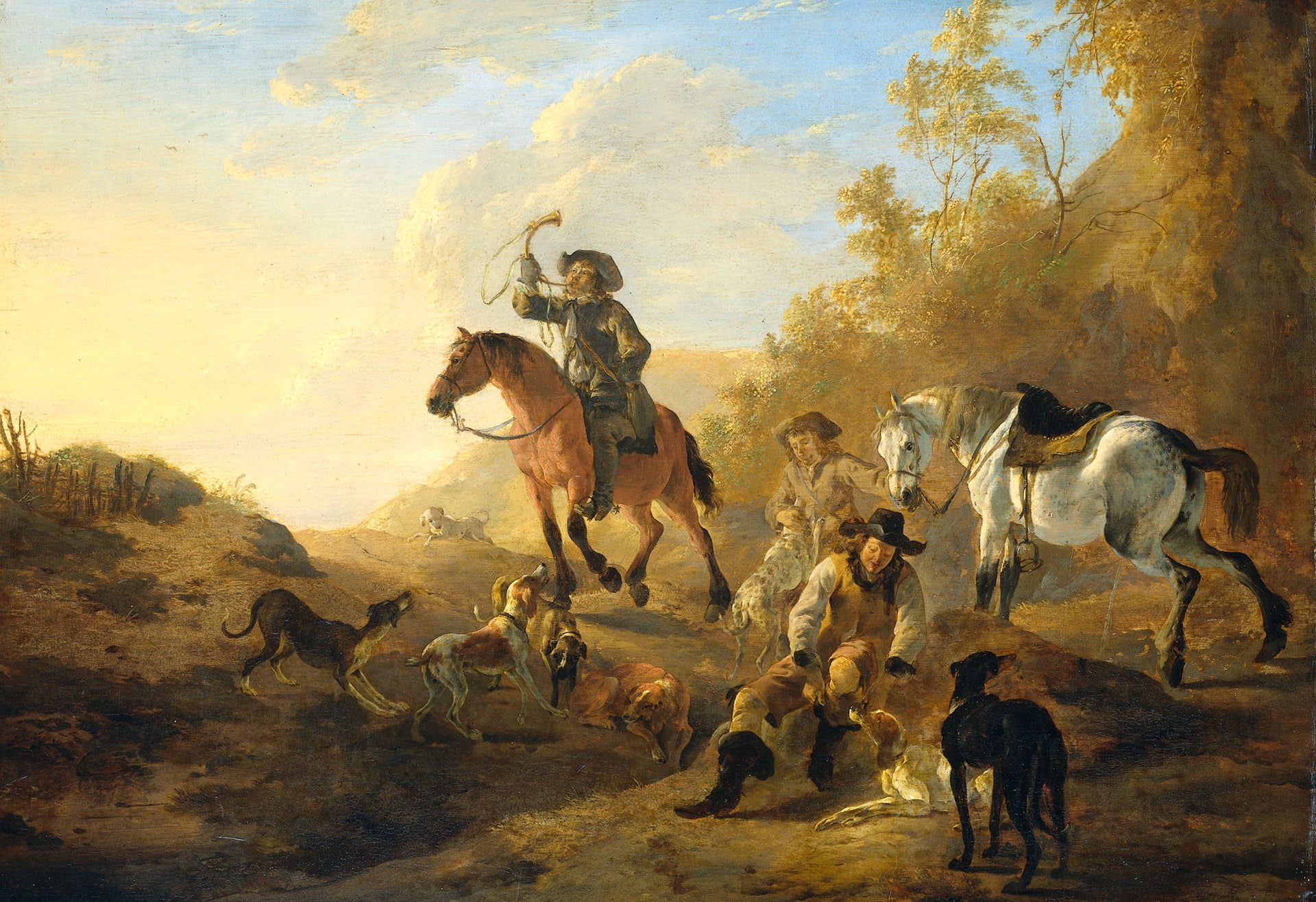 1080P, A Group Of Hunters, oil, genre, Dirk Stop, tree, landscape, picture, HD Wallpaper