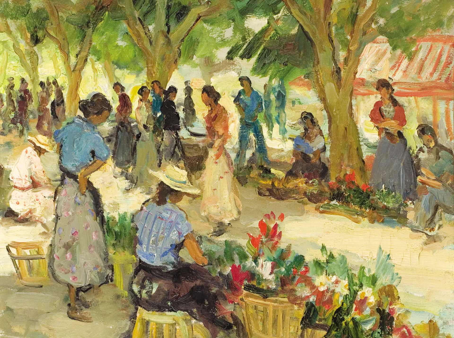 Flower market in Cannes, Marseille Dif, genre, picture, people, flowers, trees, 1080P, HD Wallpaper