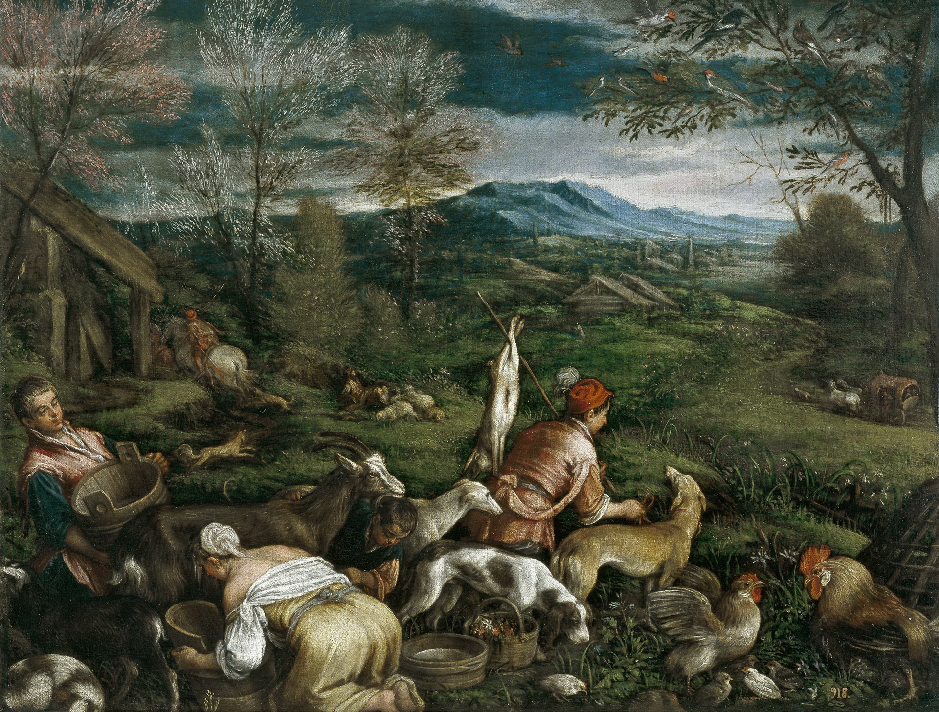 Spring, people, picture, landscape, Francesco Bassano, genre, mountains, 1080P, animals, HD Wallpaper