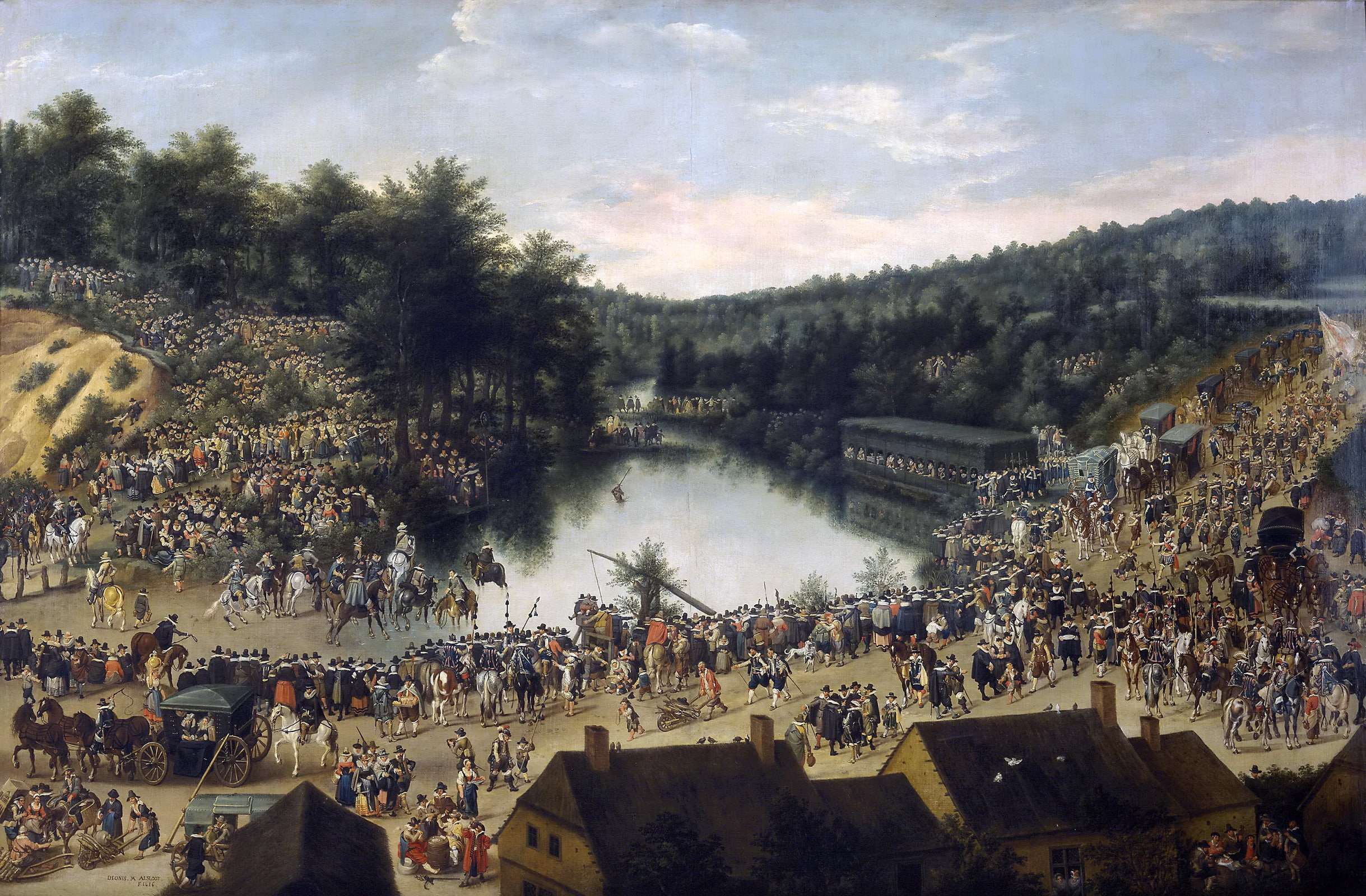 genre, 1080P, lake, Denis Van Alsloot, home, people, picture, about Vivier d Oies, trees, The feast of the virgin in the Woods, HD Wallpaper