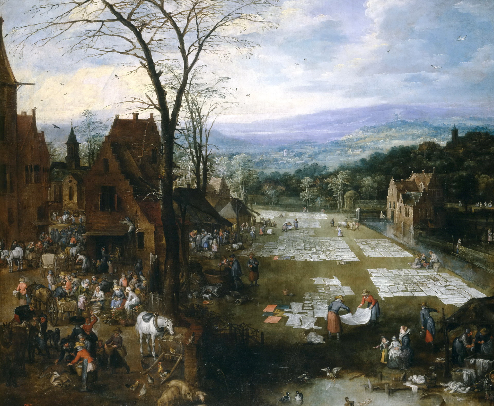 genre, landscape, picture, home, trees, The bleaching of the Canvas near the Market in Flanders, 1080P, mountains, Jan Brueghel the elder, HD Wallpaper