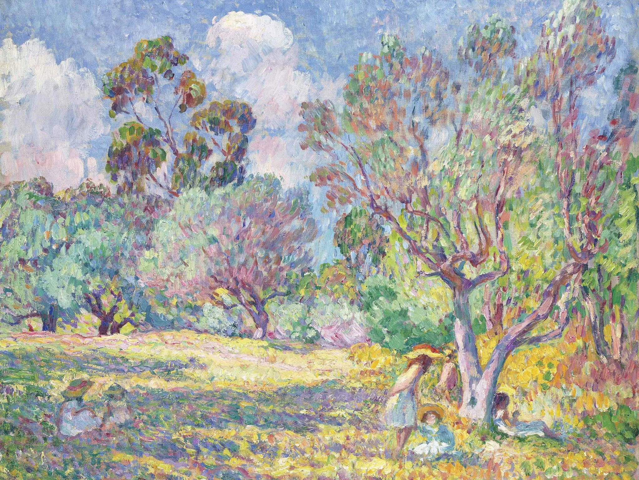 genre, trees, picture, Children in the meadow, 1080P, Henri Lebacq, paint, HD Wallpaper