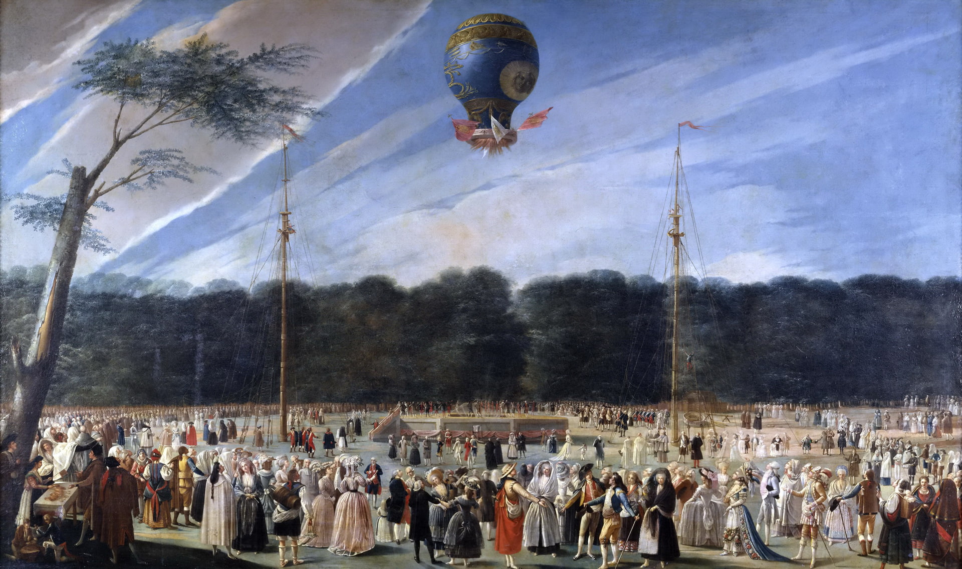 people, The flight of the Balloon in the Gardens Oranges, 1080P, Antonio Carnicero, trees, genre, picture, HD Wallpaper