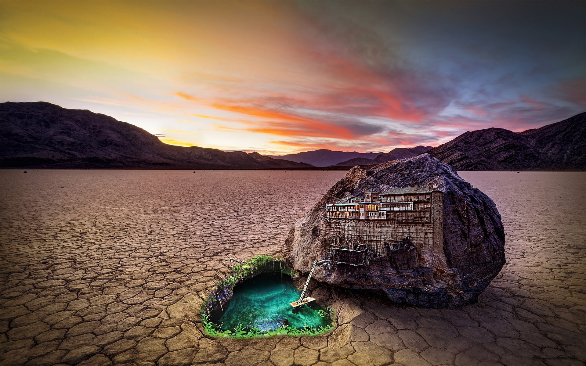 sunset, the evening, summer, evening, mountains, water, houses, drought, stone, 1080P, allegory, home, HD Wallpaper