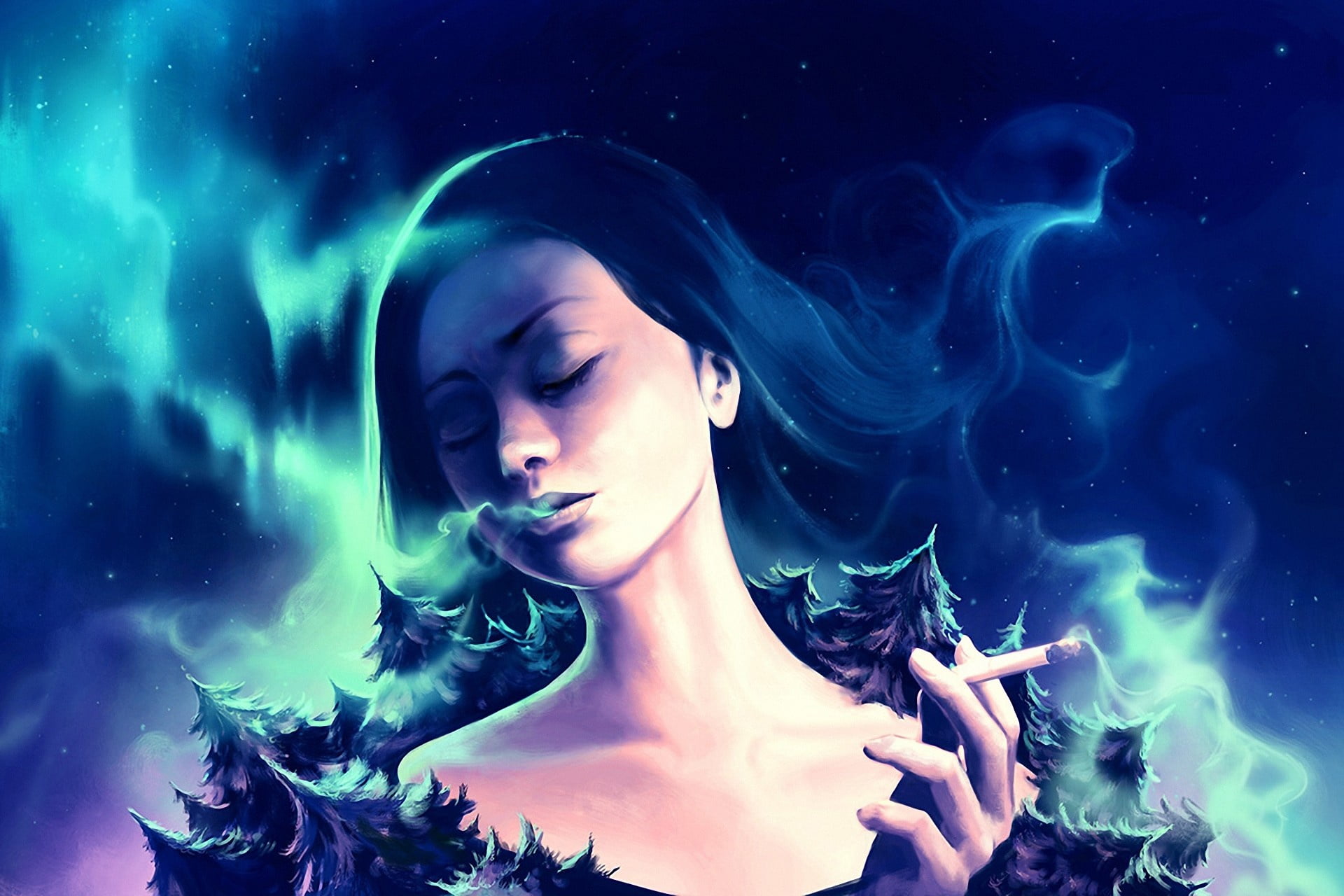 Northern lights, stars, fantasy art, the girl smokes, space, girl smokes, smoke, 1080P, cigarette, allegory, earth, trees, planet earth, HD Wallpaper
