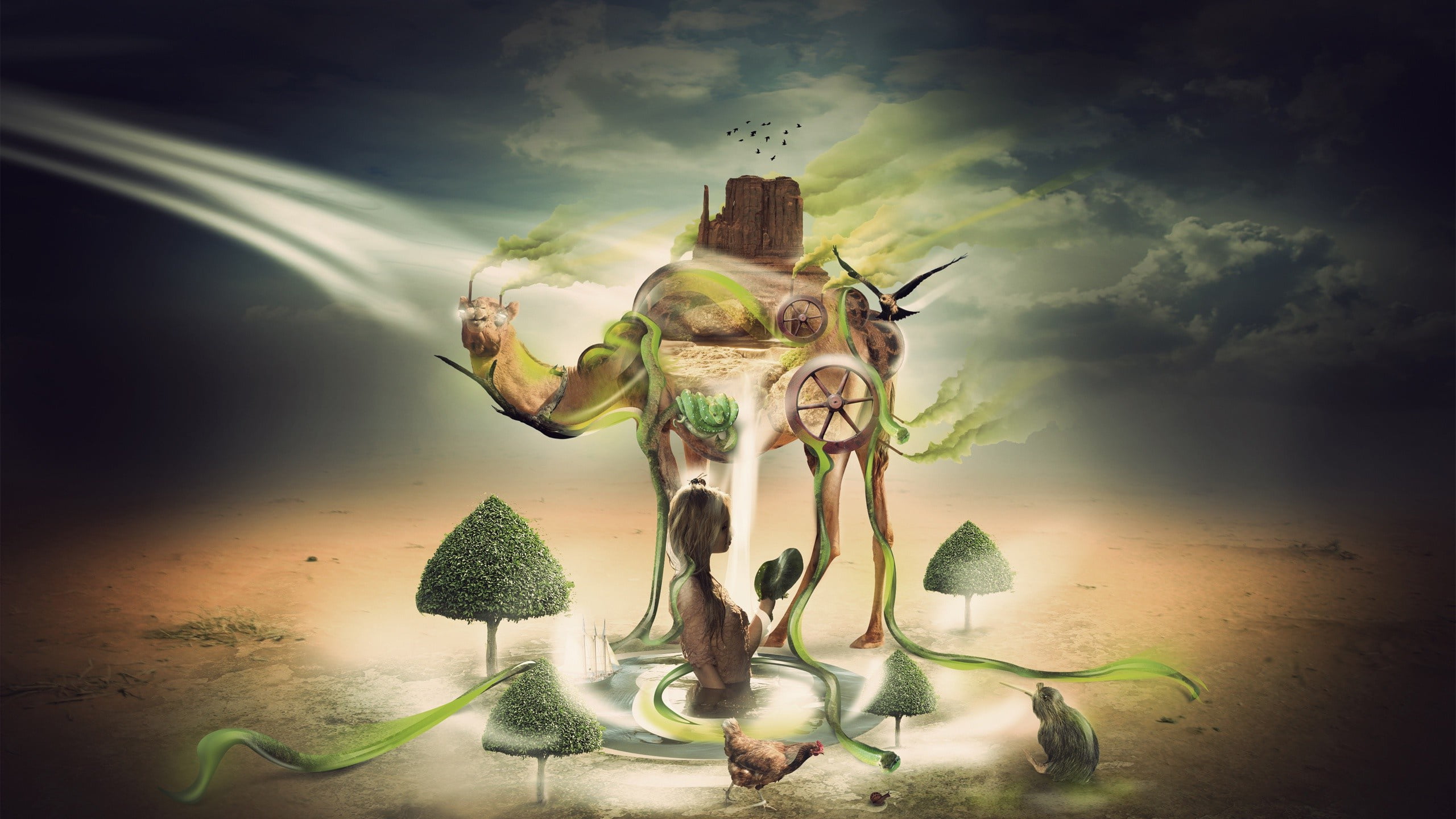 fantasy art, bee, nature, clouds, camel, girl, water, haze, flying bird, 2K, oasis, летящая птица, allegory, desert, HD Wallpaper
