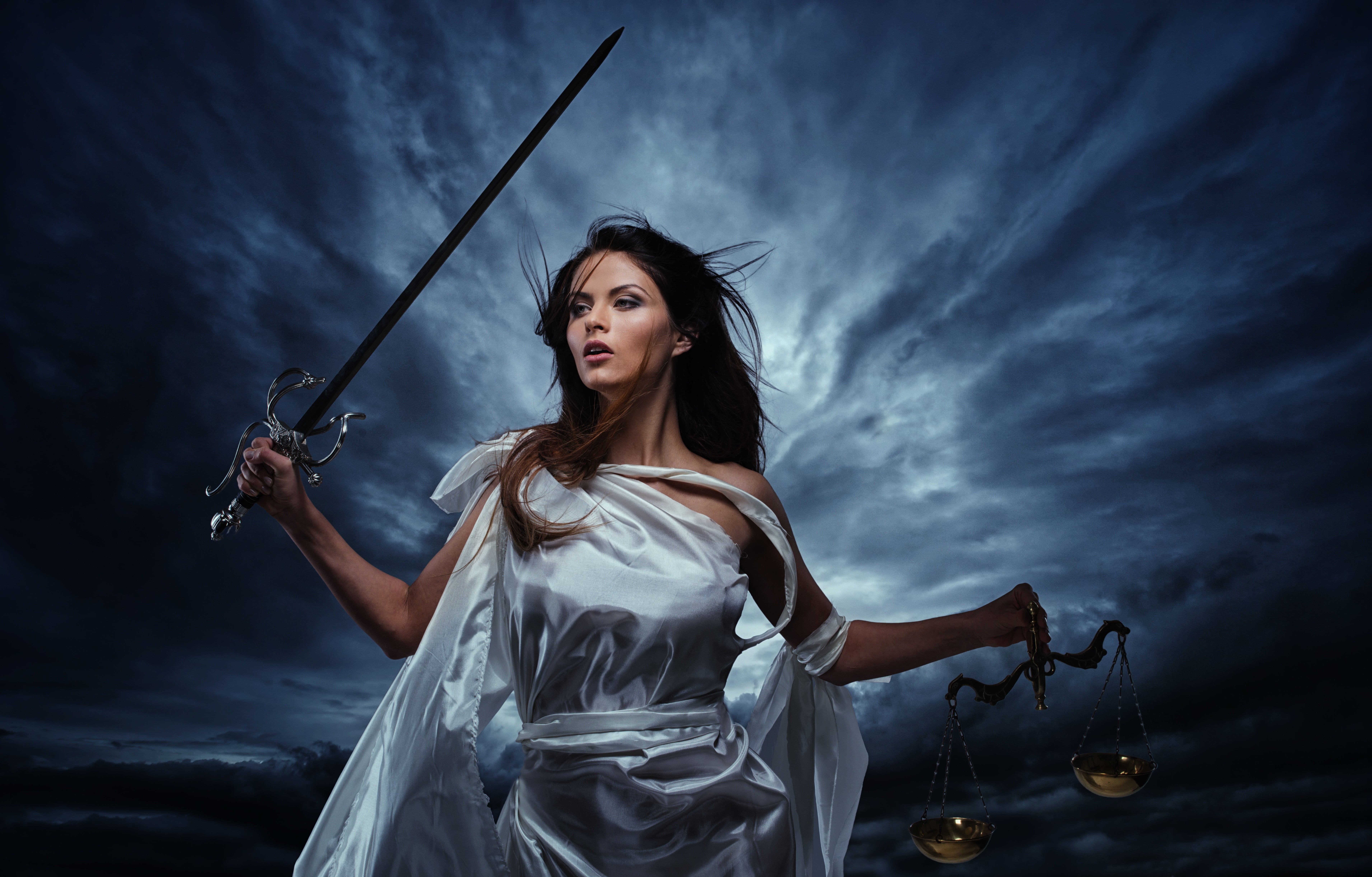 justice, меч в руке, allegory, girl in white, Themis, temida, темис, charming brunette, beautiful girl, night sky, sword in hand, темида, the night sky, HD Wallpaper