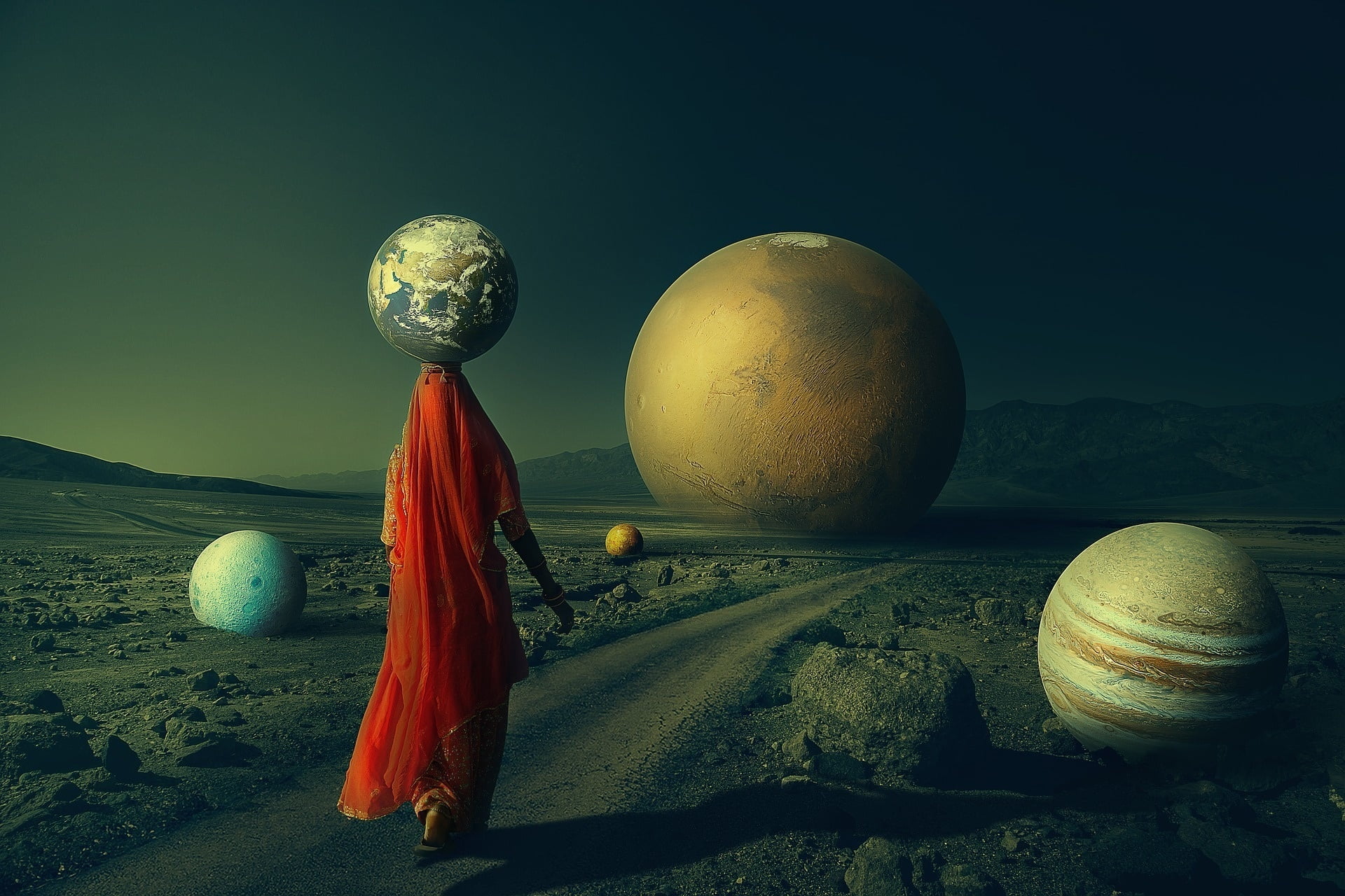 planets, allegory, 1080P, mountains, фантастический арт, path, desert, planet, the way, fantastic art, HD Wallpaper