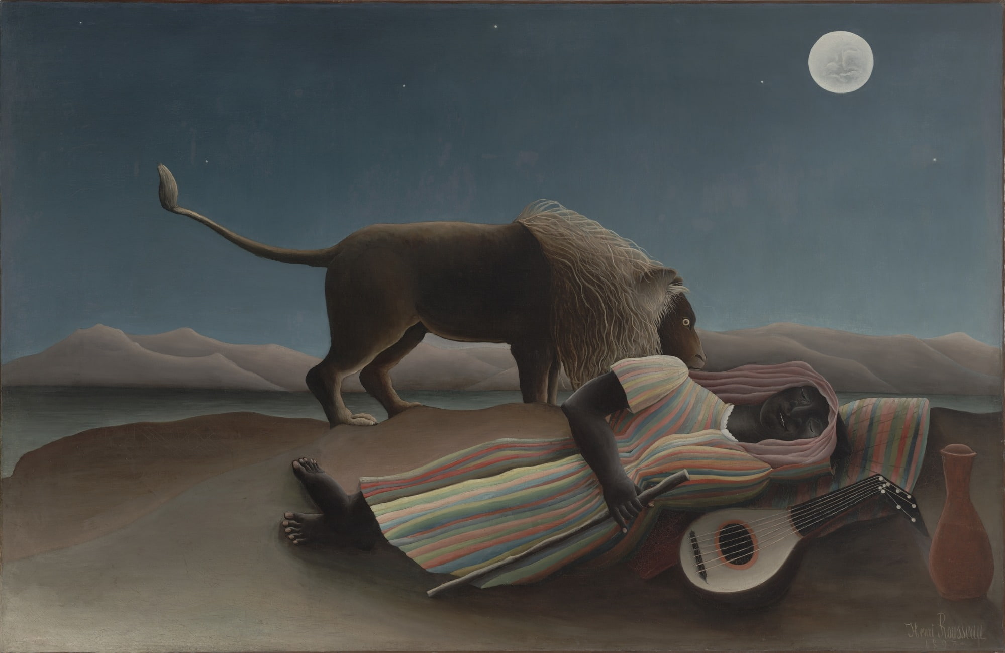 1080P, art, painting, gipsy, The sleeping gipsy, henri rousseau, sleeping, lion, leu, HD Wallpaper