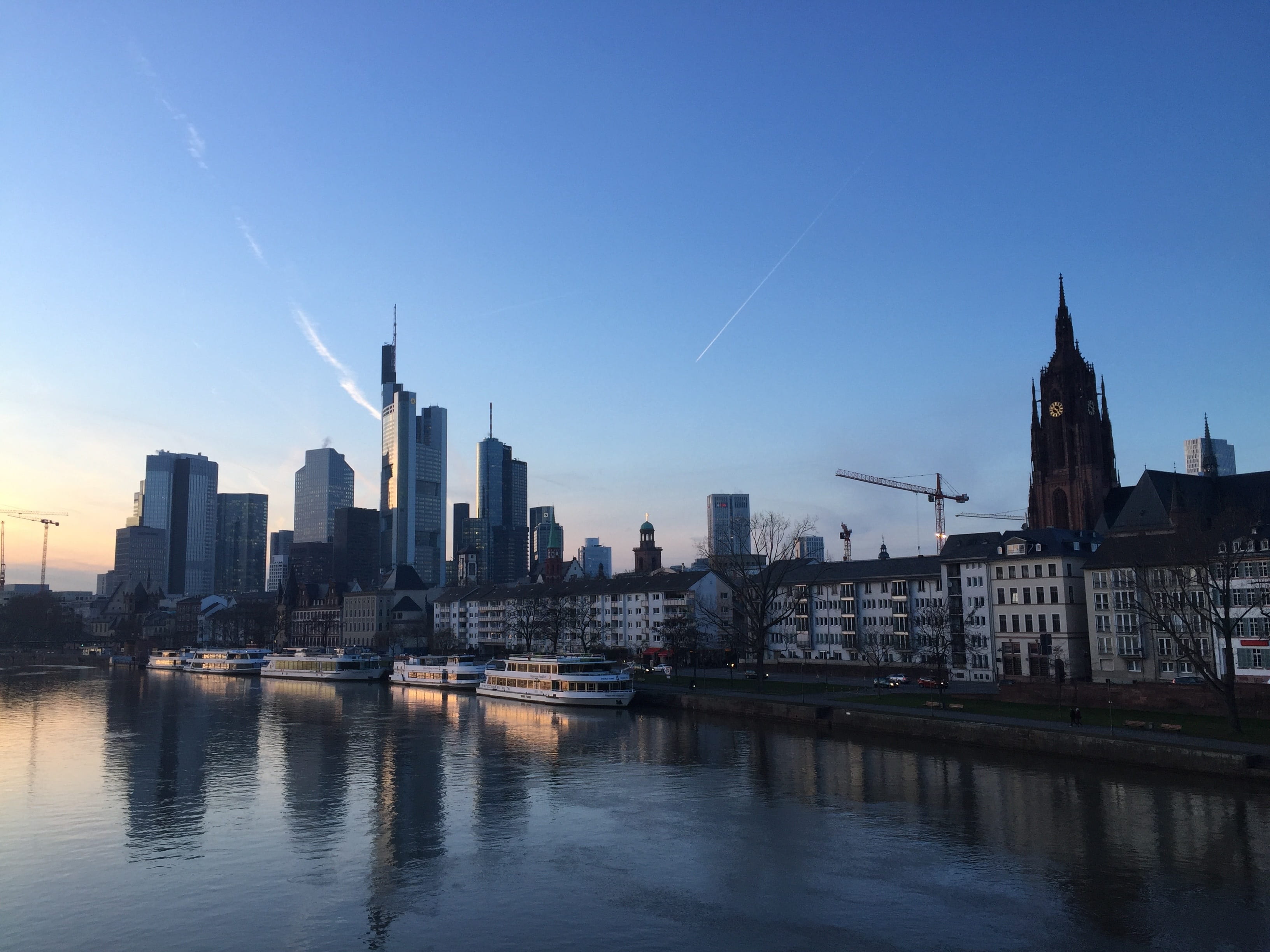 building, travel destinations, skyline, hesse, bridge, outlook, tower, lights, spire, financial district, modern, horizon, city, building exterior, town center, HD Wallpaper