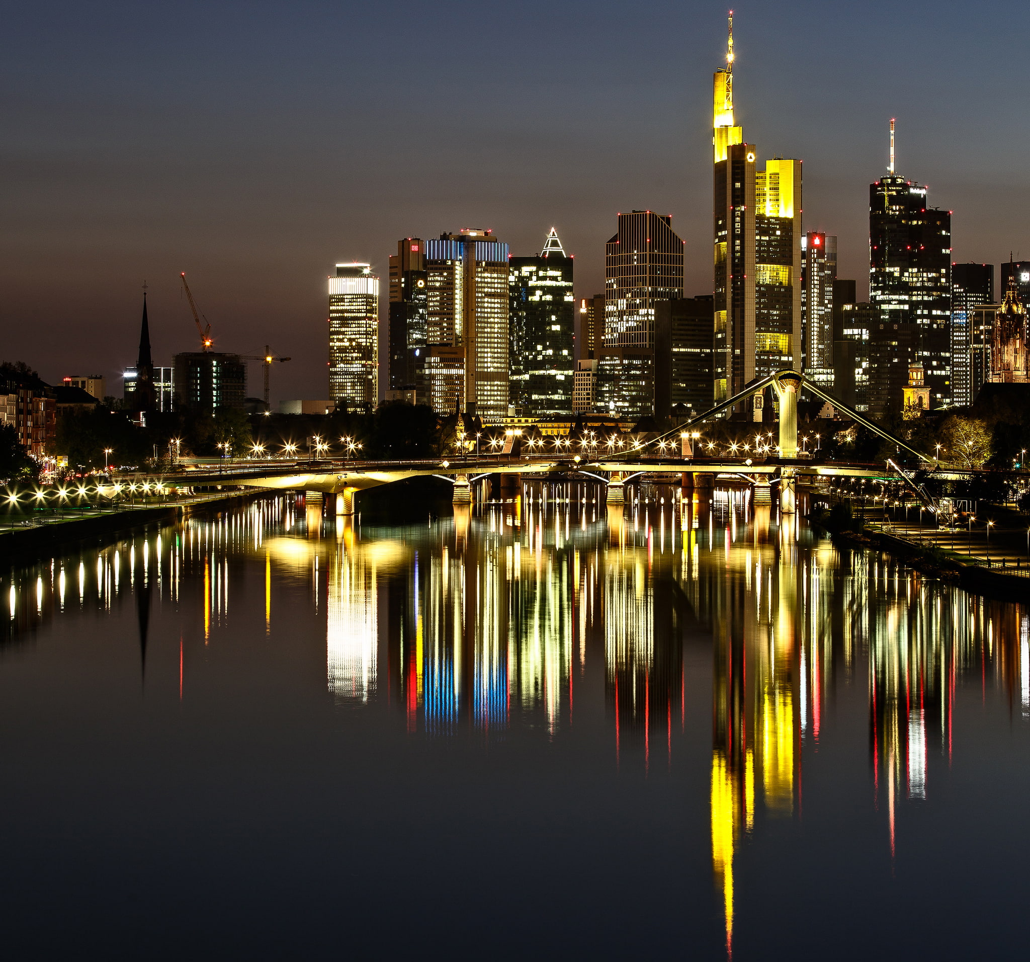 reflection, lights, Germany, night, bridge, Frankfurt am main, 1080P, home, HD Wallpaper