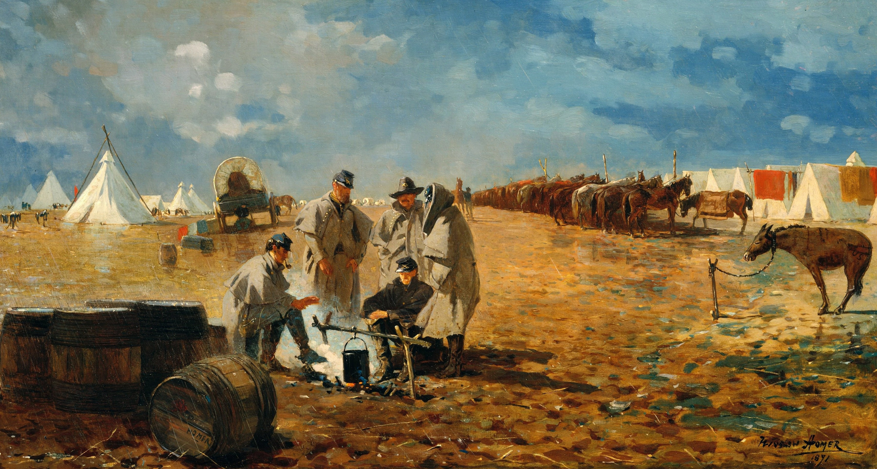 Winslow Homer, soldiers, 2K, the fire, picture, genre, Rainy Day in Camp, HD Wallpaper