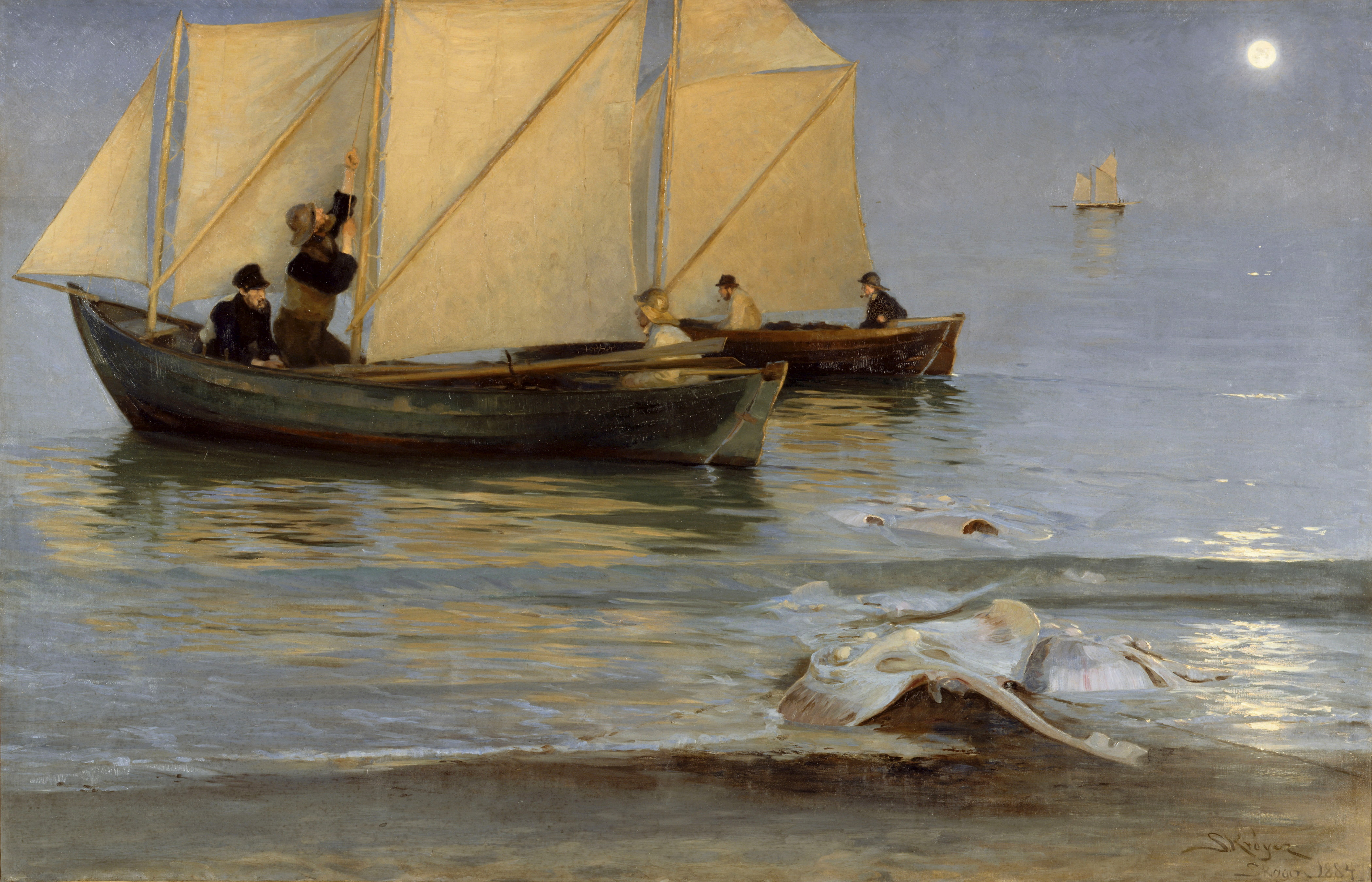 Peder Severin Krøyer, the moon, 4K, brown, people, boat, sail, genre, the sky, sea, picture, the evening, HD Wallpaper