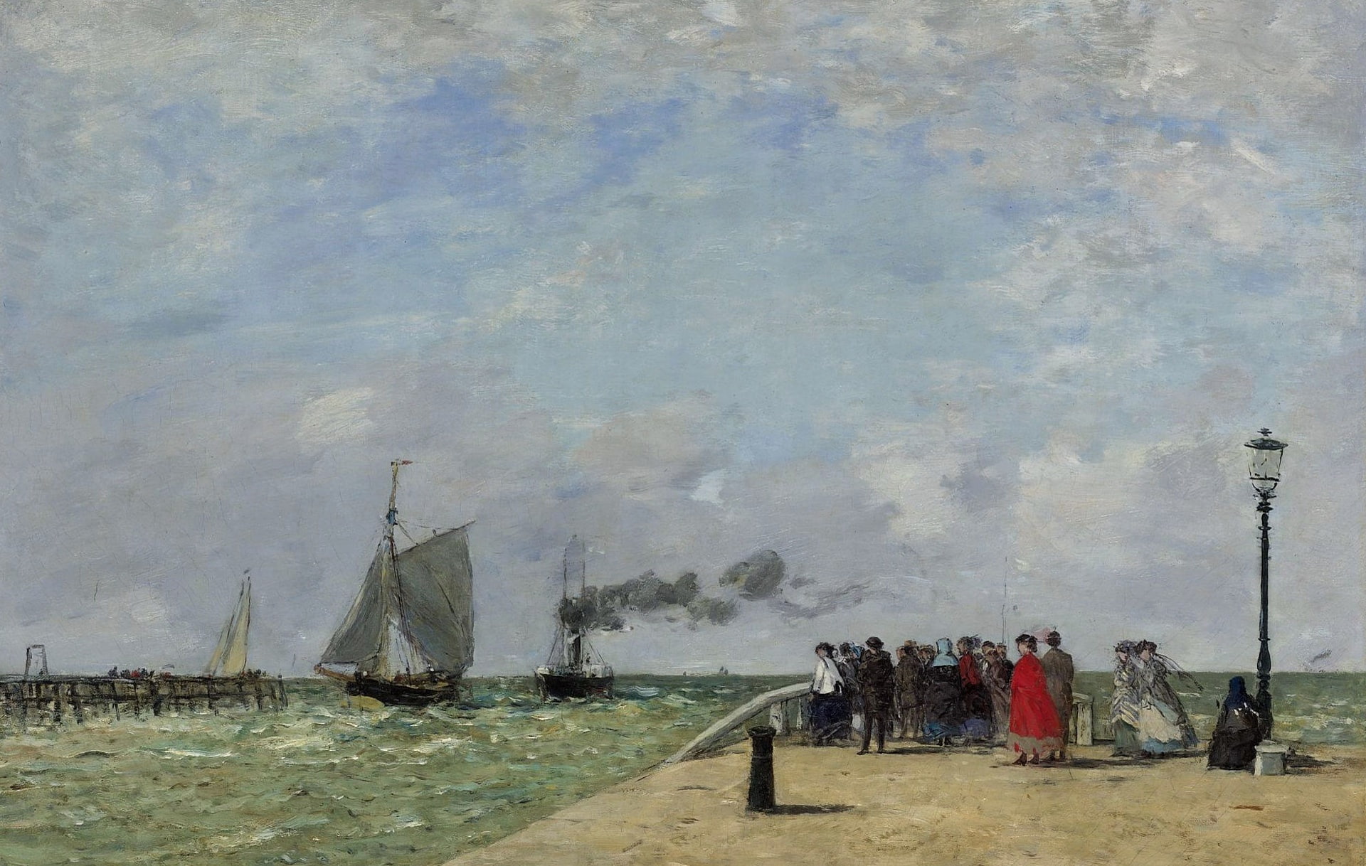 picture, people, Pier in Le Havre, sail, sea, Eugene Boudin, ship, 1080P, HD Wallpaper