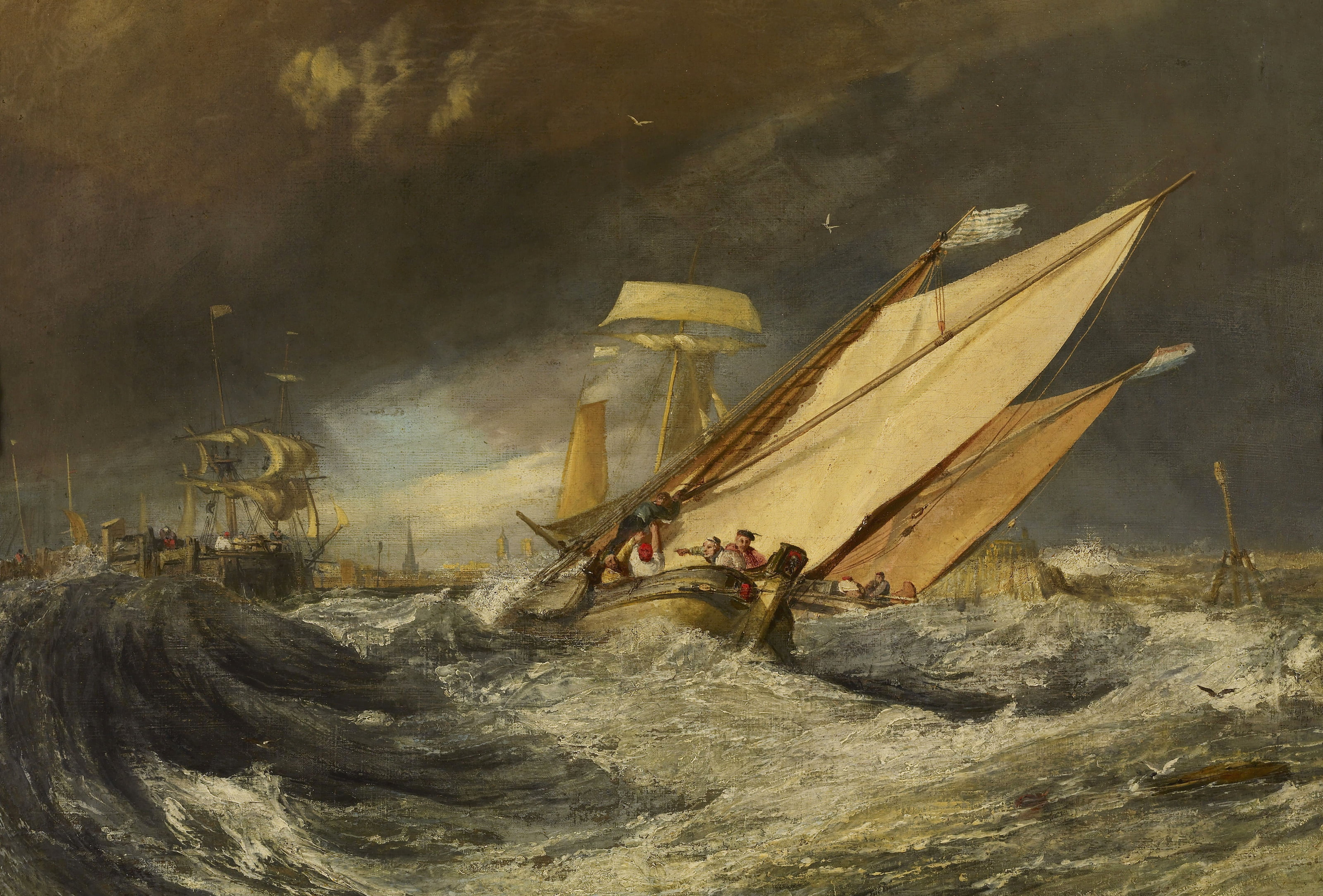 craft, outdoors, William Turner, incidental people, nature, sailing, beach, water, sailboat, 2K, transportation, seascape, storm, nautical vessel, painting, HD Wallpaper