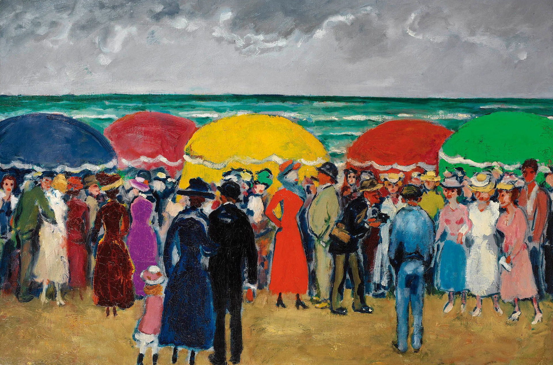 the day, genre, Sunday on the beach, people, umbrella, 1080P, picture, Kees van Dongen, sea, shore, HD Wallpaper