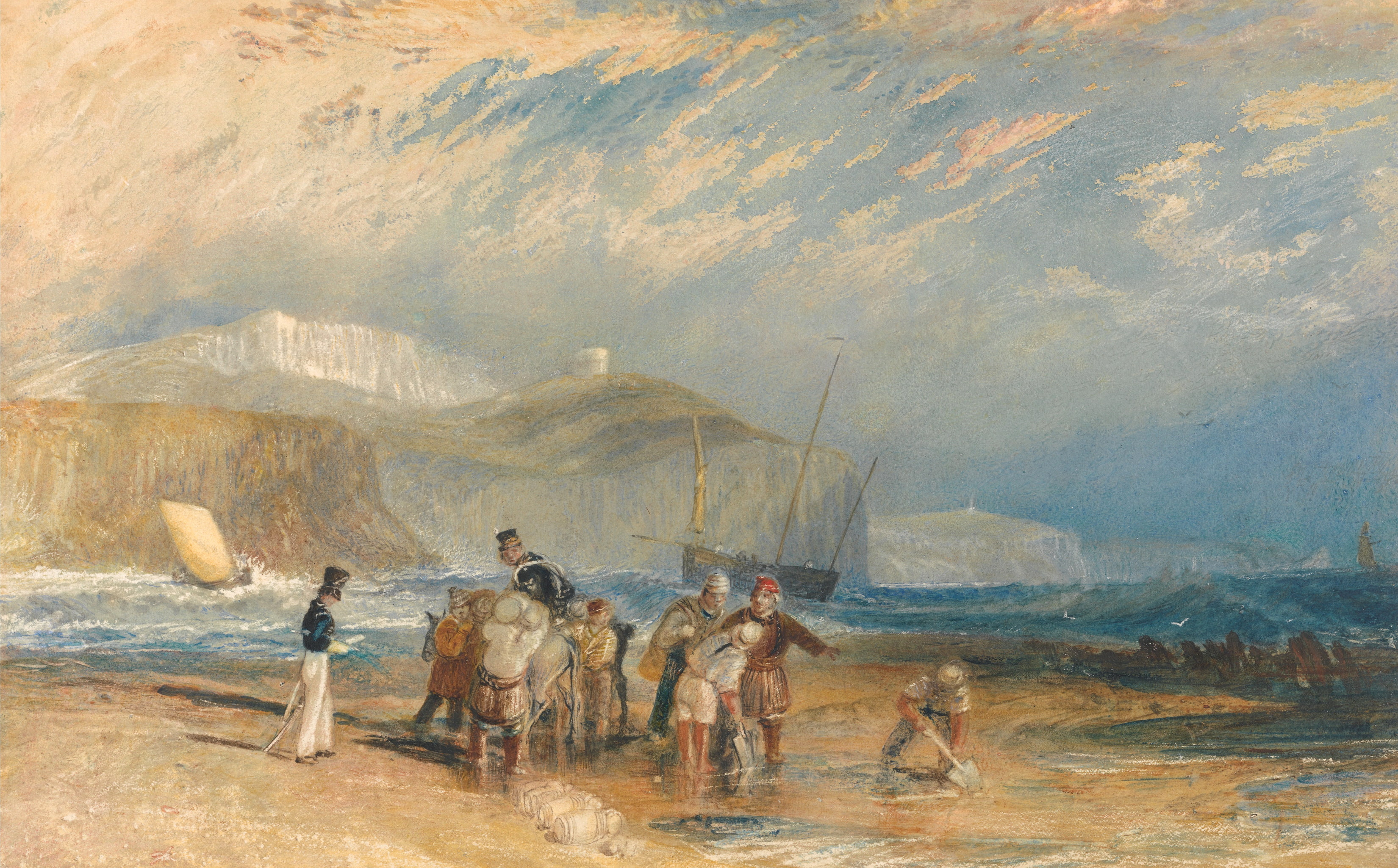 2K, clouds, sea, shore, the sky, people, seascape, Folkestone Harbour and Coast to Dover, picture, William Turner, HD Wallpaper