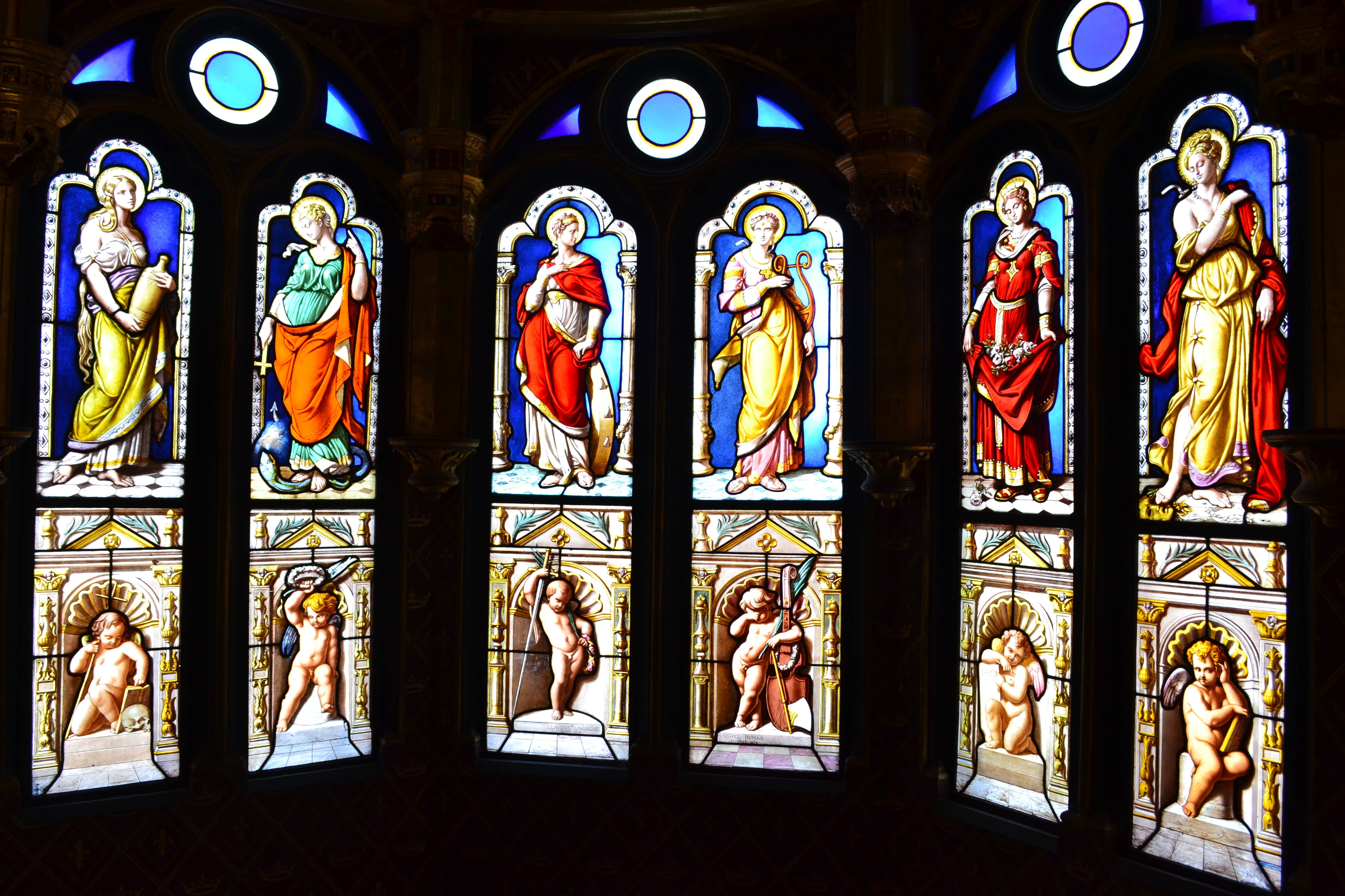 glass, allegories, love, place of worship, art and craft, male likeness, creativity, architecture, female likeness, chapel, blois, angels, human representation, HD Wallpaper