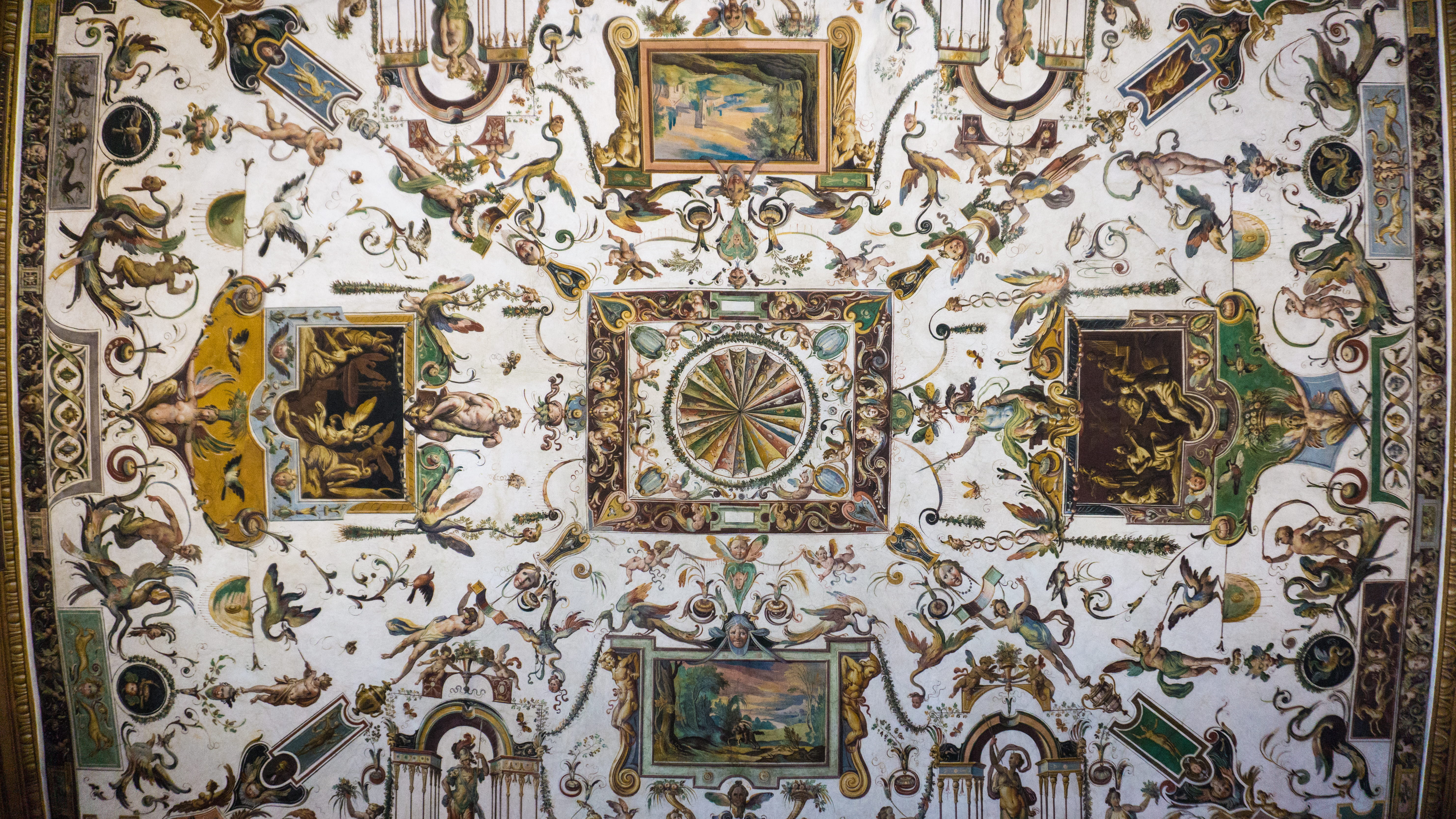 architecture, 5K, uffizi gallery, day, no people, building, mural, firenze, indoors, ceiling, italy, craft, pattern, architecture and art, window, built structure, HD Wallpaper
