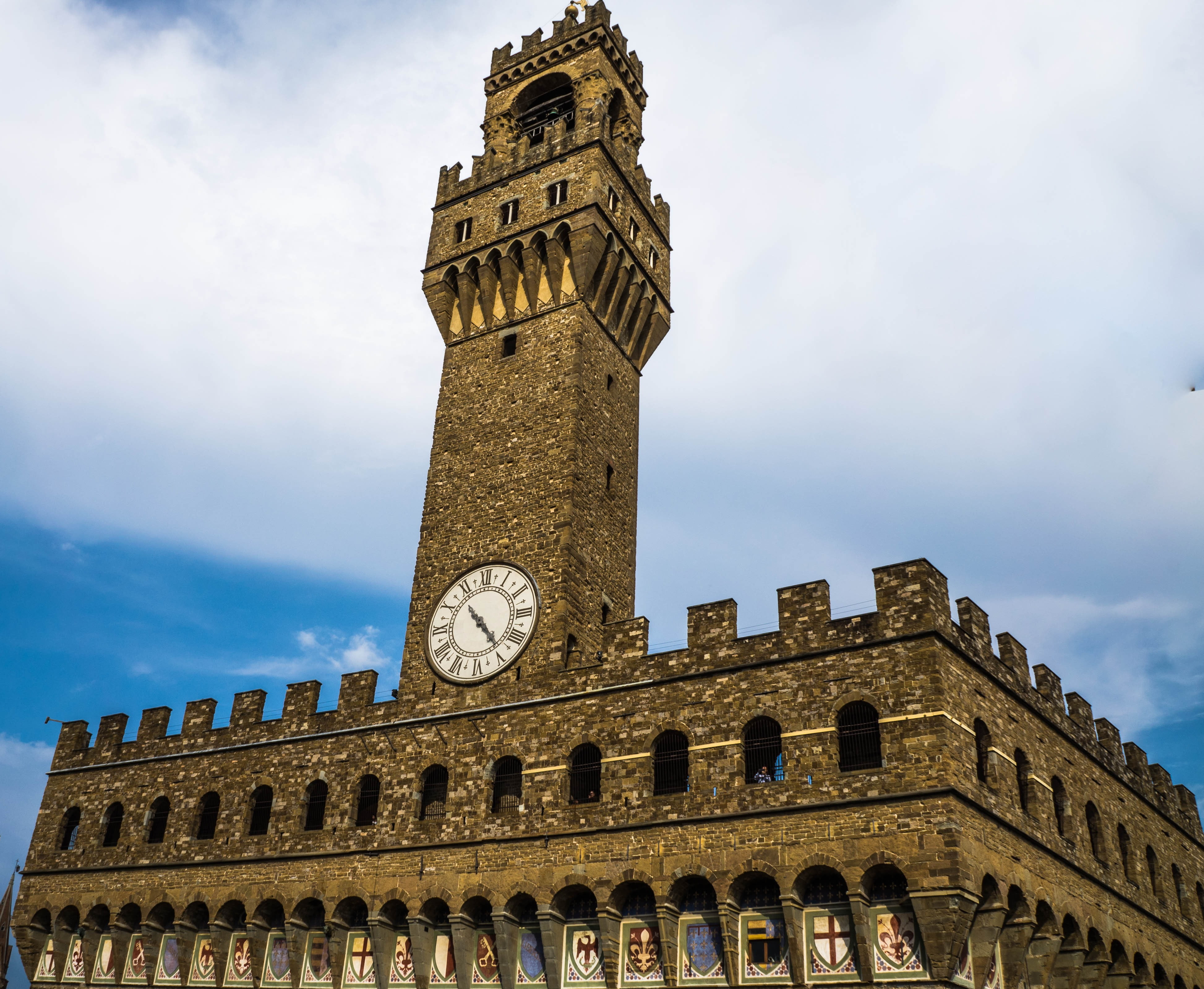 florence, cloud - sky, the past, clock face, clock, church, castle, day, tower, fortress, gothic style, building, built structure, uffizi tower, low angle view, HD Wallpaper