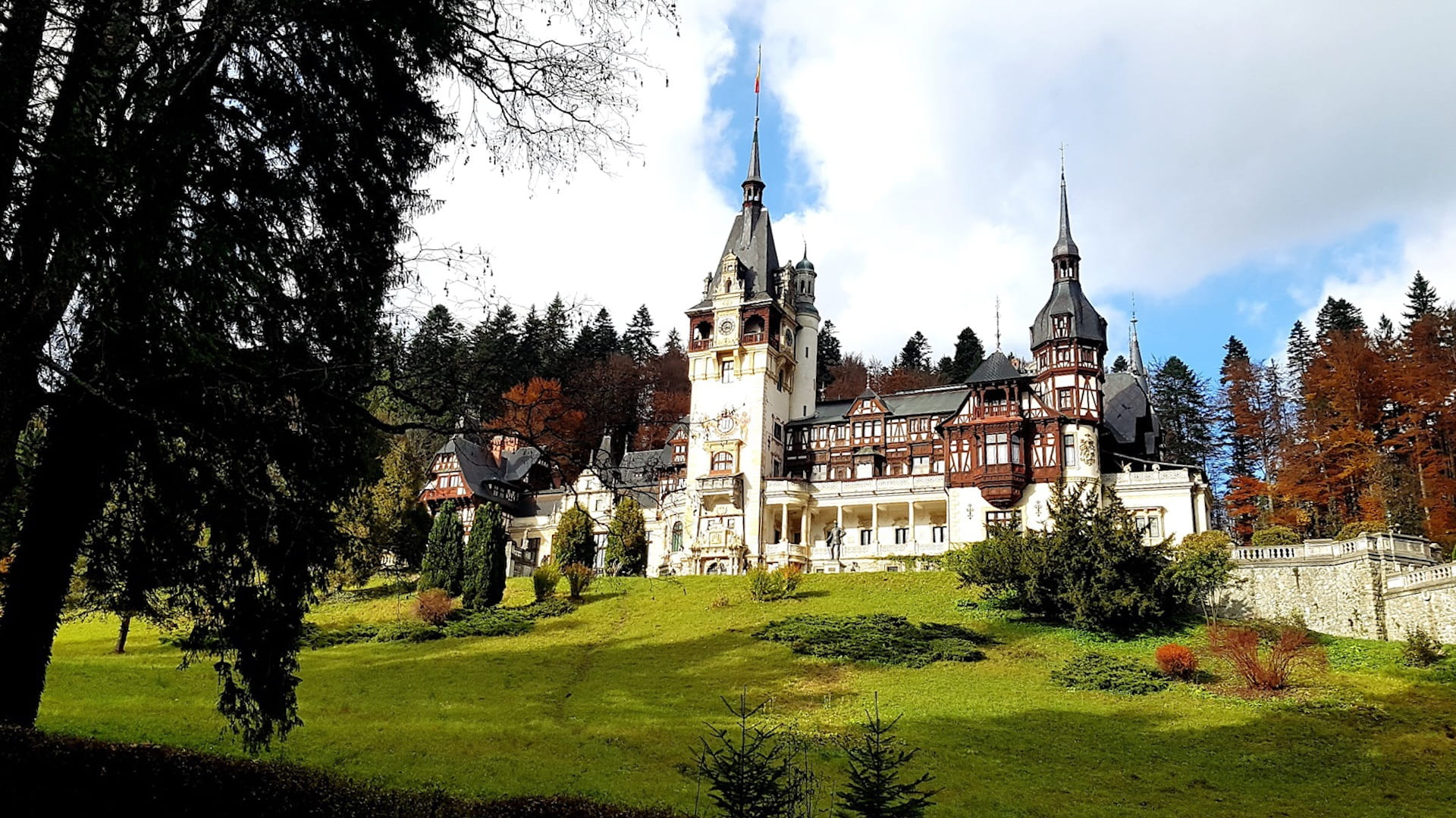peles, sky, castle, growth, religion, tree, nature, 1080P, day, plant, architecture, garden, travel destinations, place of worship, spire, park, grass, HD Wallpaper