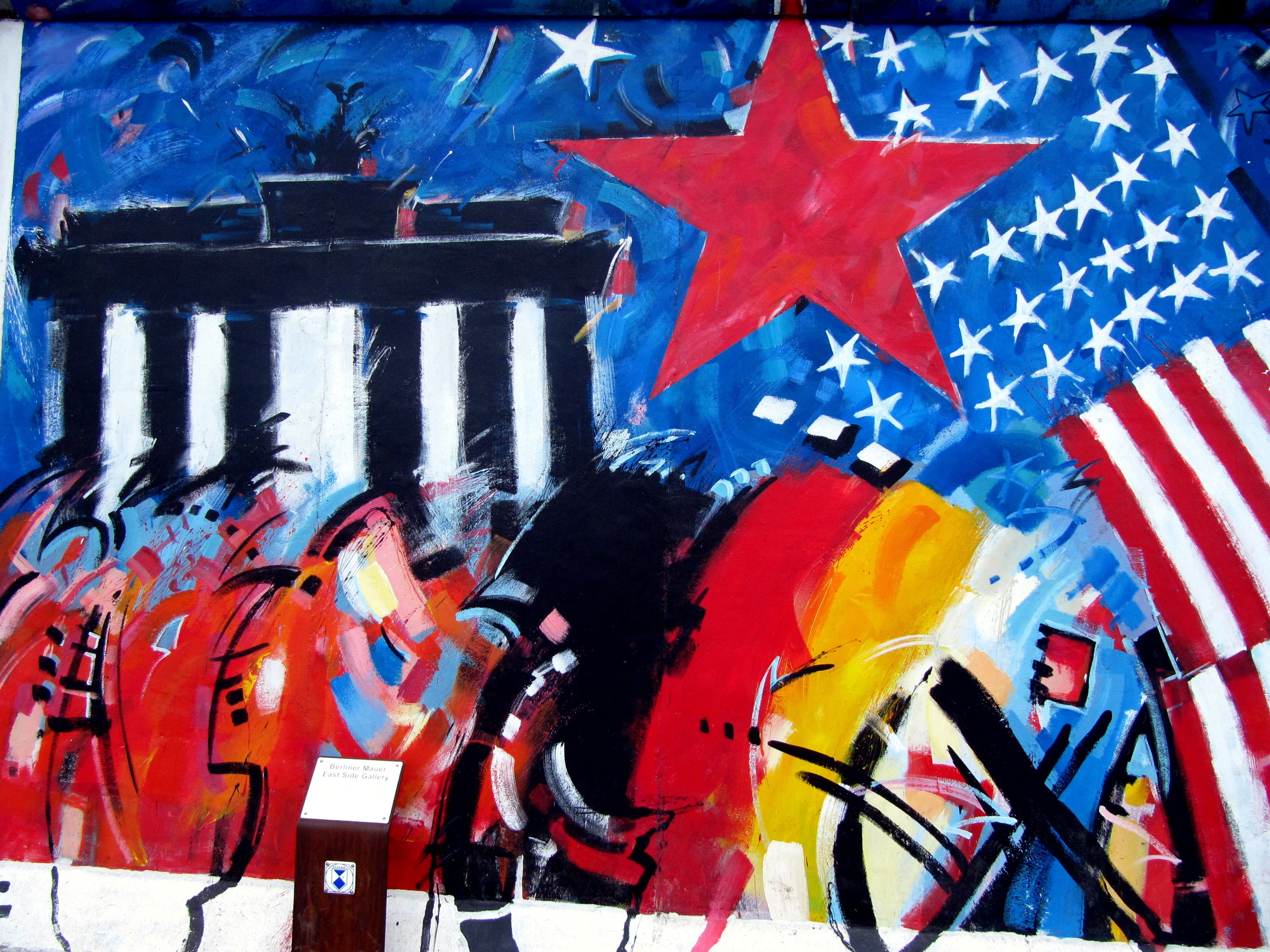 full frame, wall - building feature, patriotism, flag, berlin, no people, art and craft, berlin wall, star shape, 2K, day, blue, pride, graffiti, east side gallery, HD Wallpaper