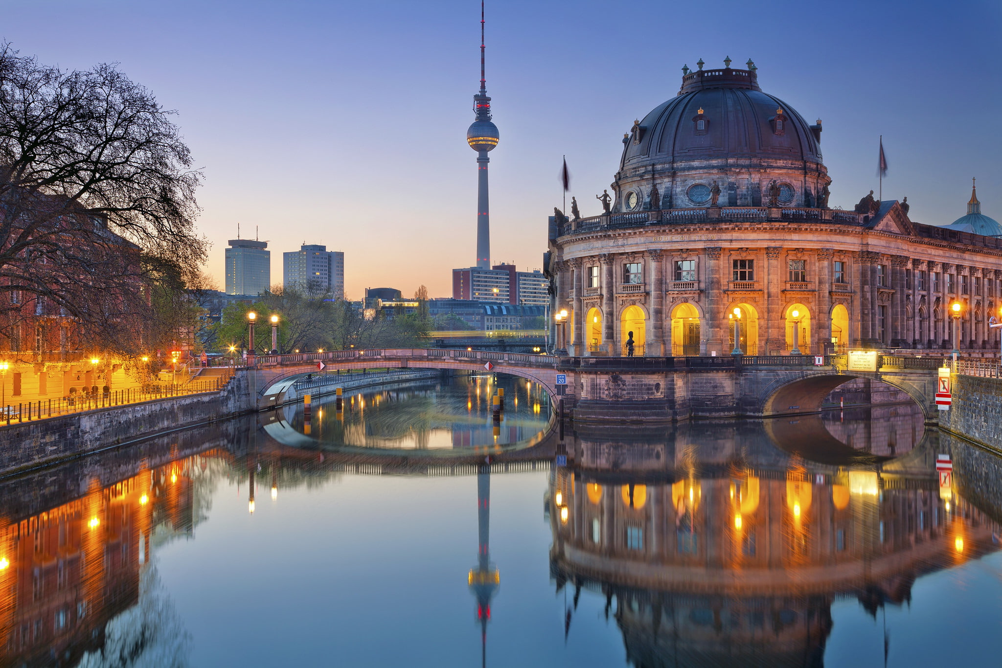 lights, bridge, tower, 1080P, Germany, river, The Bode Museum, the evening, Berlin, HD Wallpaper