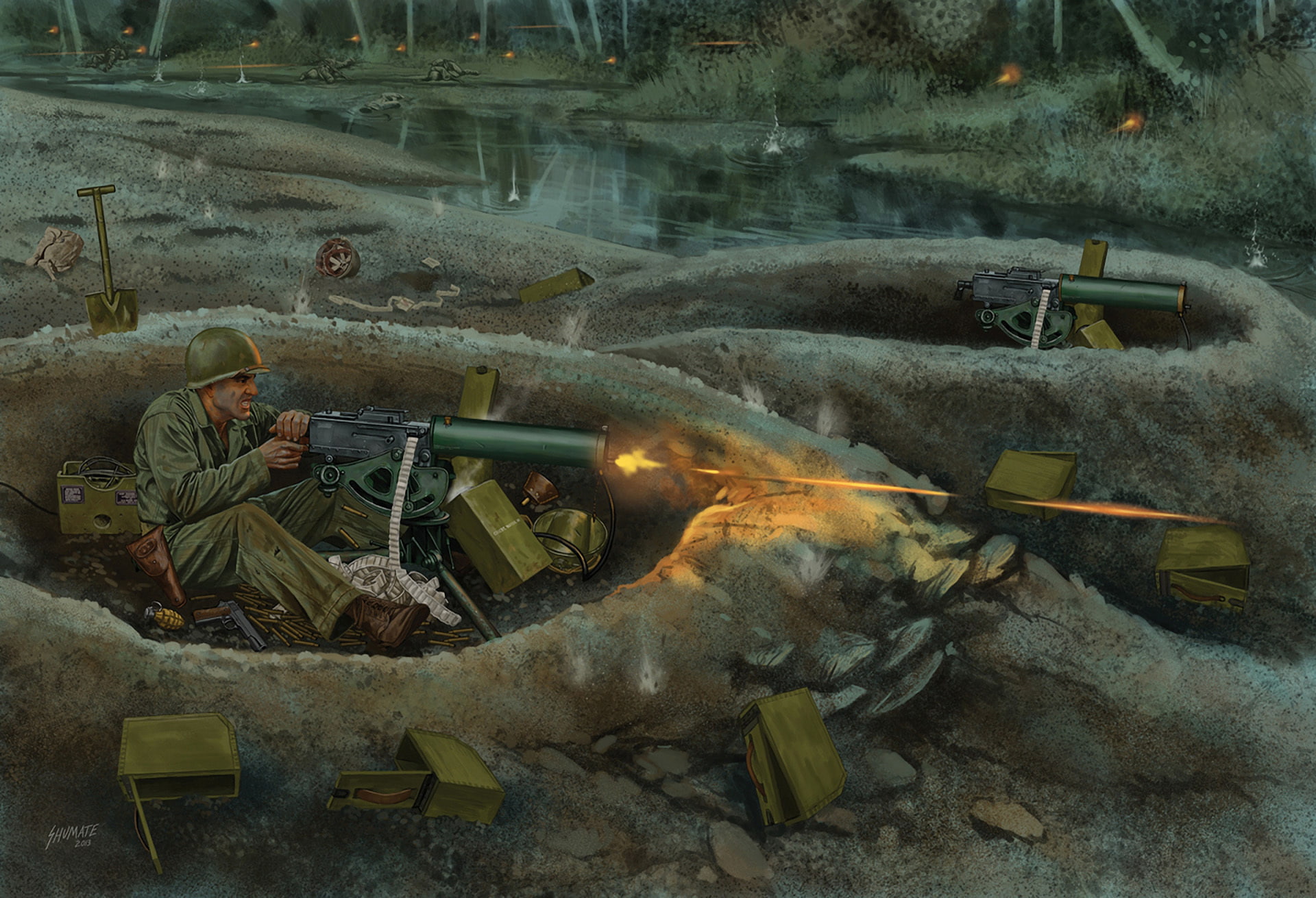 soldier, gun, military, weapon, art, battle, painting, war, 1080P, machine, HD Wallpaper