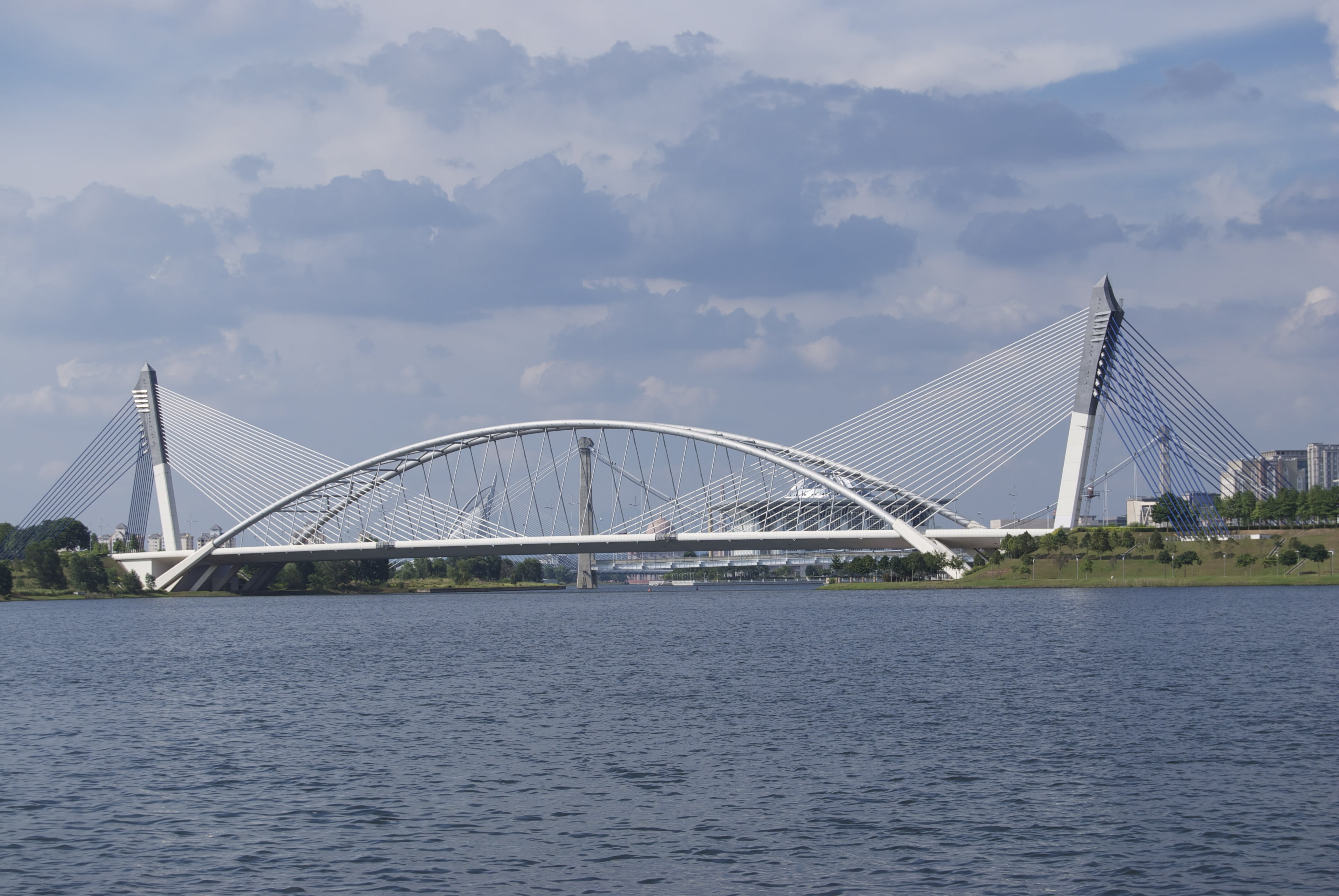 city, cityscape, bridge - man made structure, river, sky, malaysia, jaya, connection, water, cloud - sky, skyscraper, 4K, modern, building exterior, day, HD Wallpaper