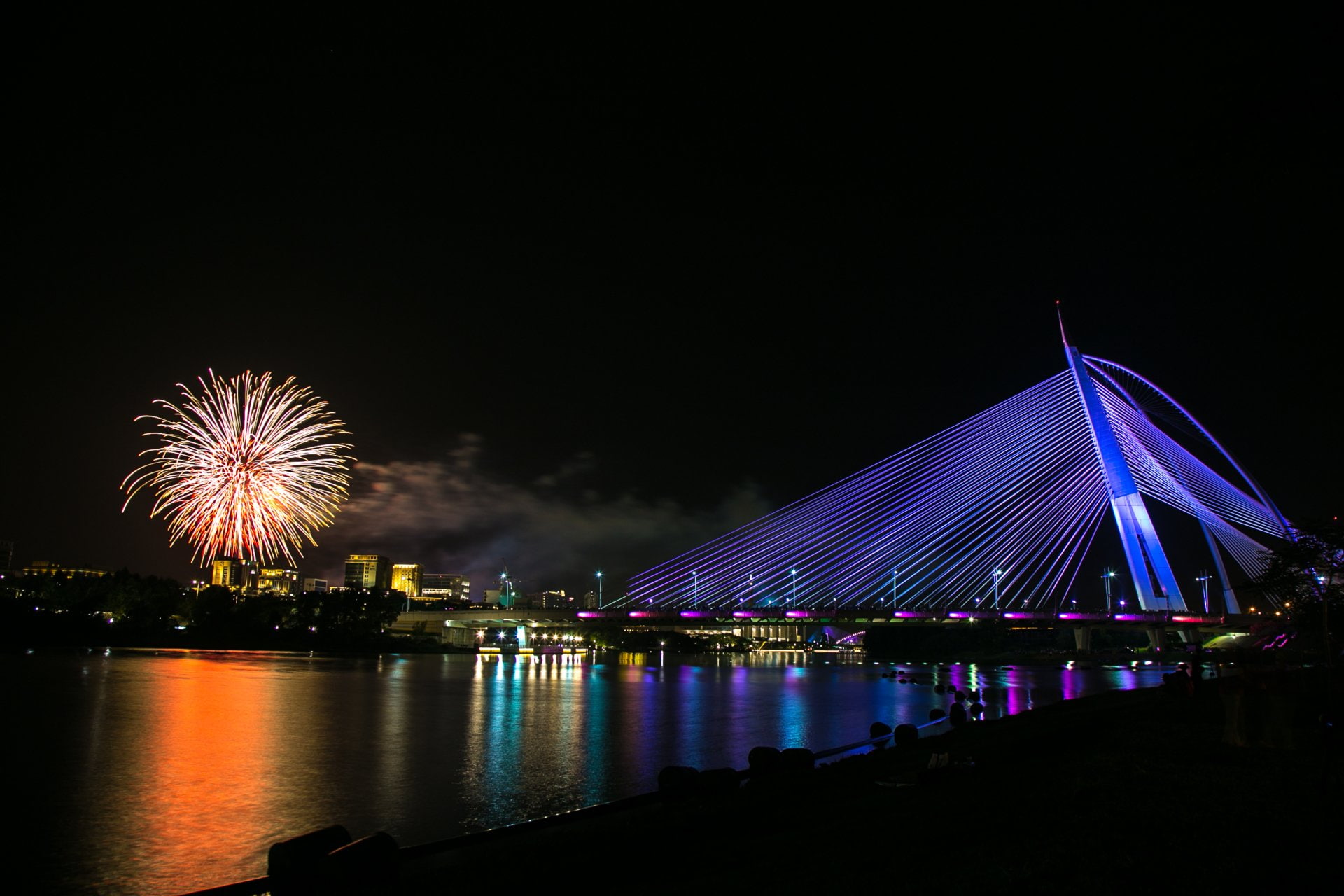 Night, Bridges, Putrajaya, Malaysia, Fireworks, 1080P, Seri Wawasan Bridge, HD Wallpaper