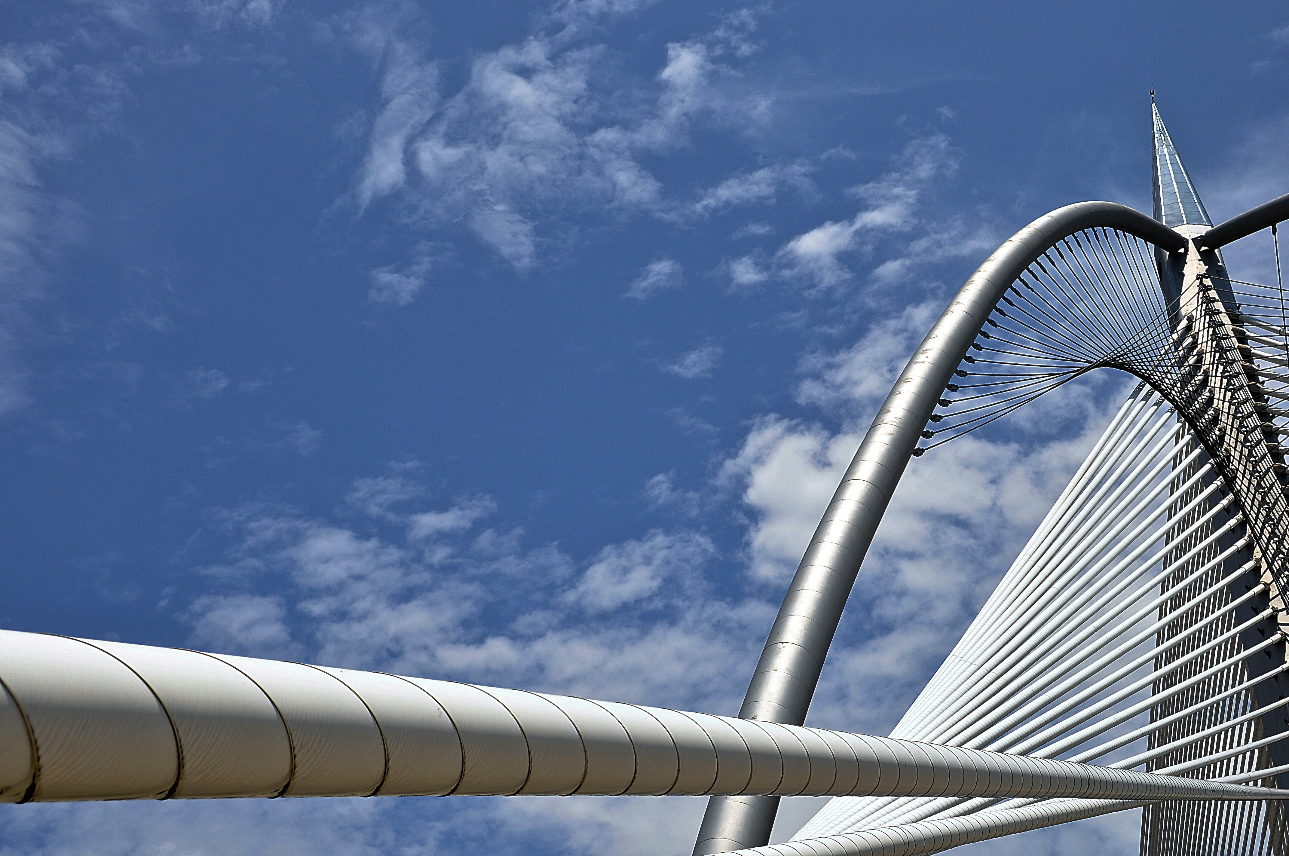 4K, sky, no people, building exterior, sunlight, skyscraper, bridge - man made structure, outdoors, putrajaya, metal, steel, architecture, pipe - tube, HD Wallpaper
