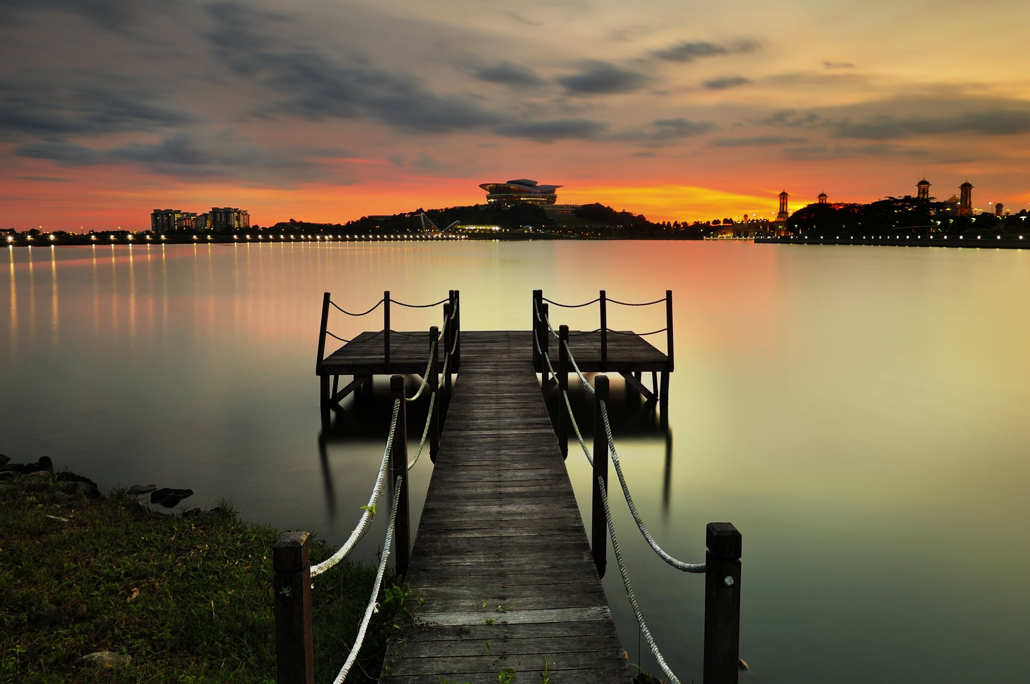 reflection, lake, blue, quiet, water, wood - material, summer, urban Skyline, sunset, urban Scene, dusk, wooden, orange color, sunrise - Dawn, marina, scenics, HD Wallpaper