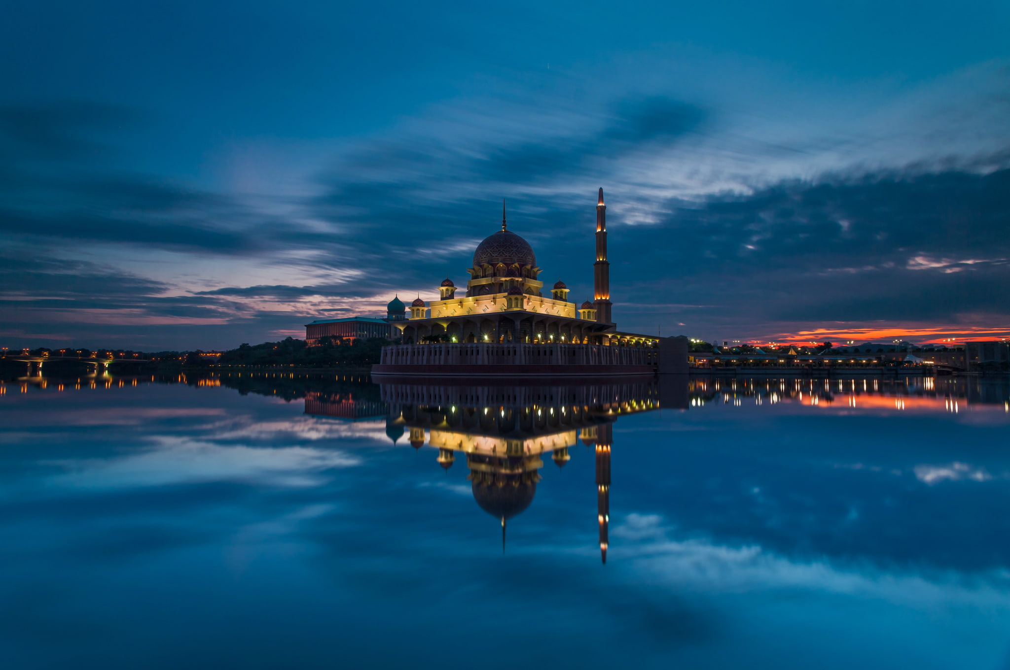 the evening, Malaysia, dome, mosque, temple, 1080P, gray, sunset, the sky, Strait, evening, Putrajaya, sky, clouds, HD Wallpaper