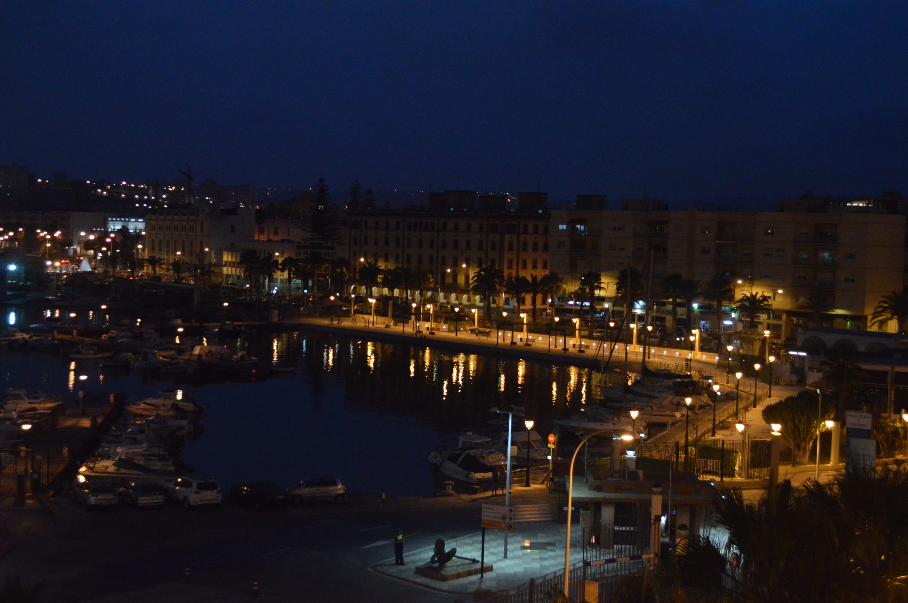 lights, sea, morocco, night, built structure, building, building exterior, spain, city life, reflection, 2K, nature, water, illuminated, copy space, no people, HD Wallpaper