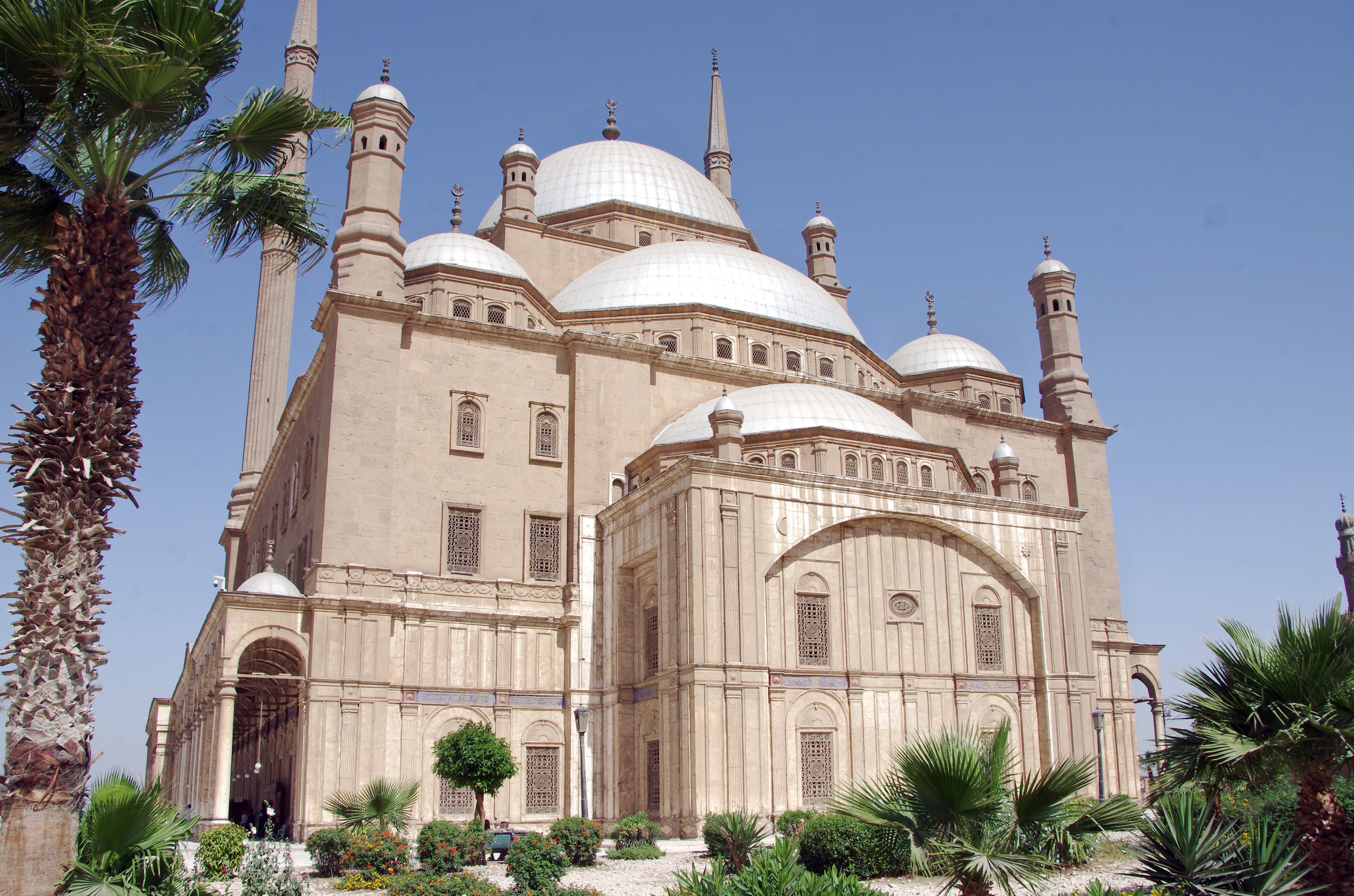 no people, alabaster mosque, 4K, place of worship, spirituality, religion, nature, minarets, belief, plant, palm tree, building exterior, low angle view, HD Wallpaper