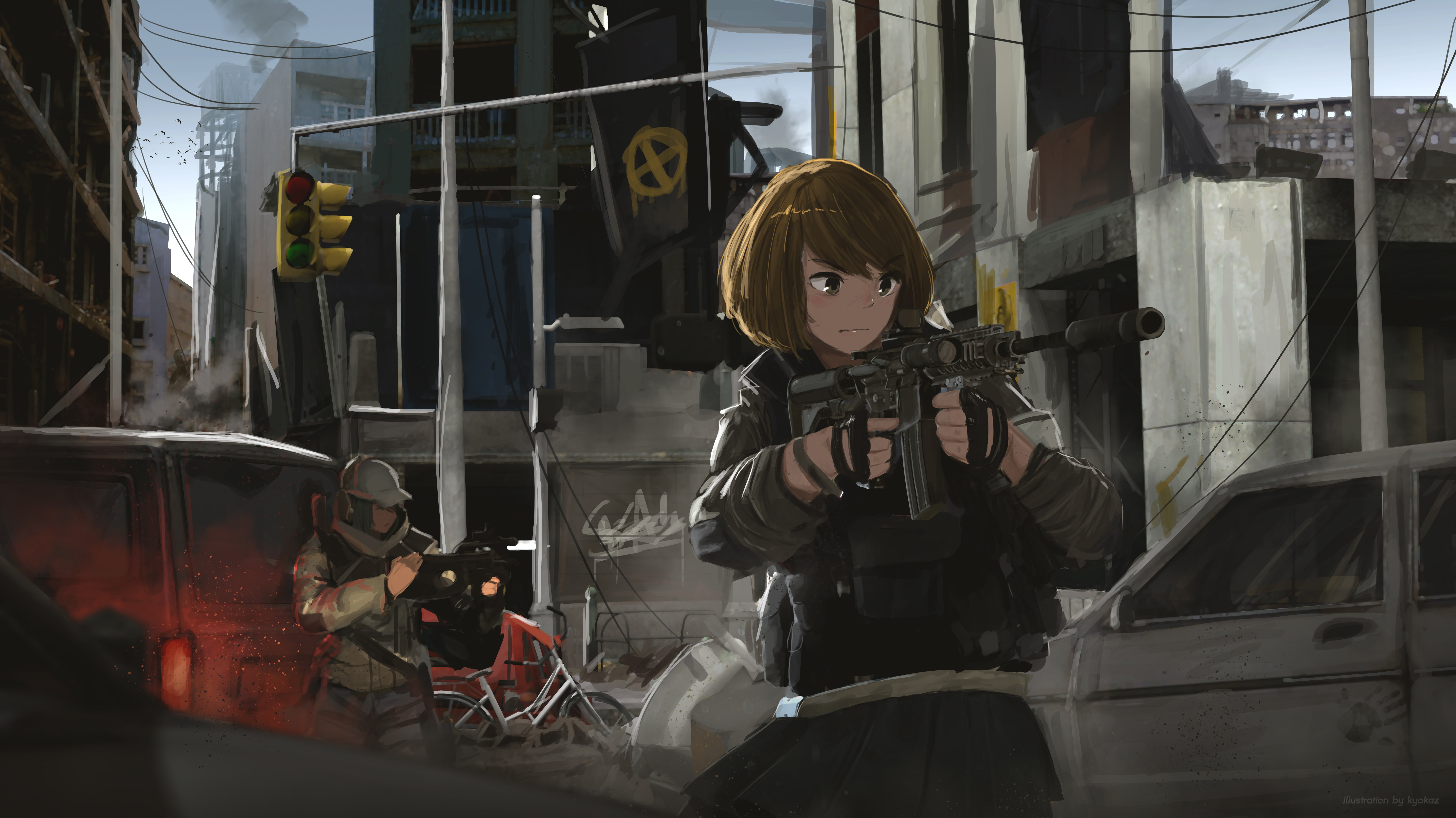 brown, sky, black, short, weapon, building, eyes, city, azhar, skirt, com, bird, watermark, faiz, scenic, 256280, hair, car, gun, konachan, hat, animal, HD Wallpaper