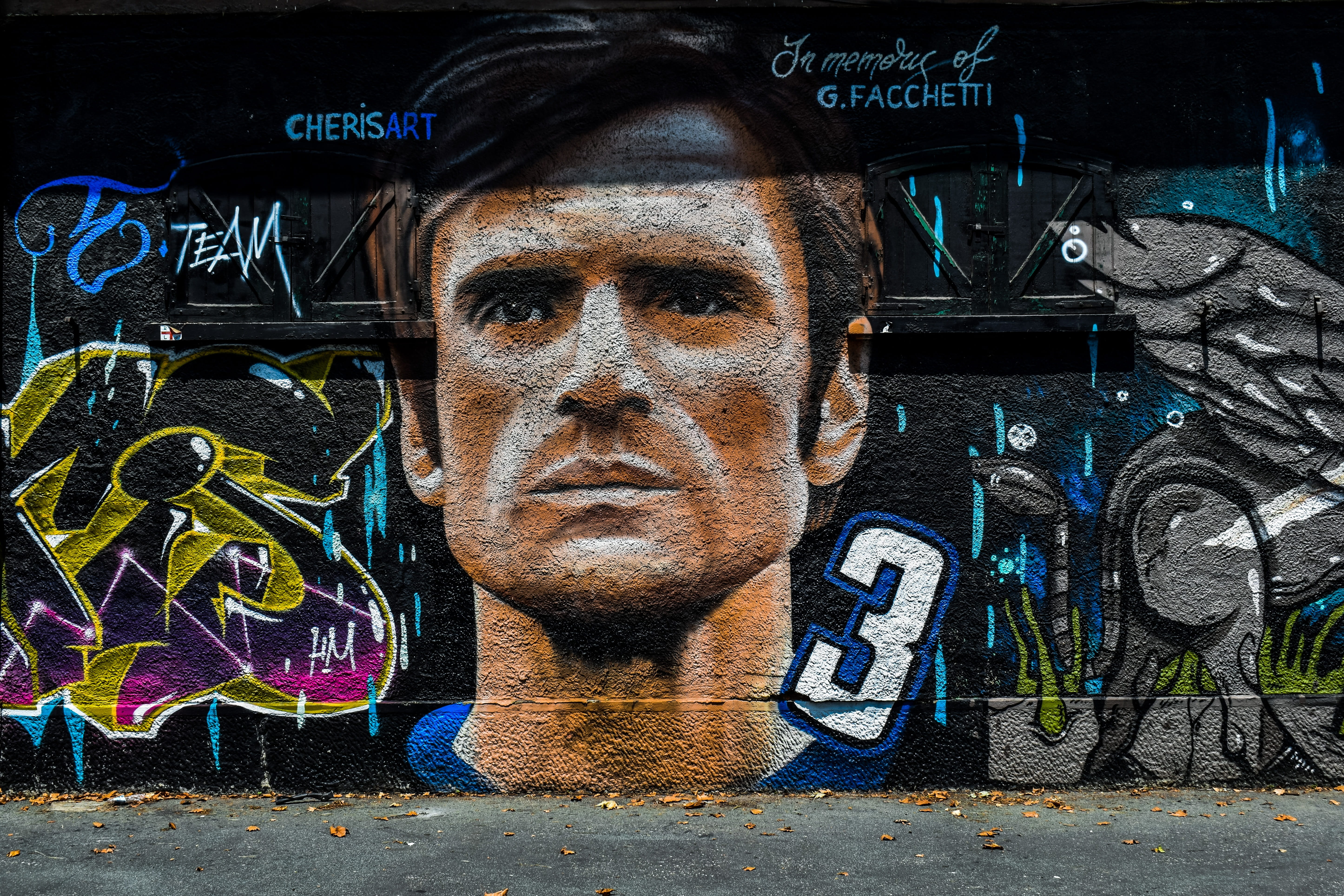wall - building feature, occupation, wall, footballer, san siro, looking at camera, artwork, milan, street, close-up, giacinto facchetti, young men, president, HD Wallpaper
