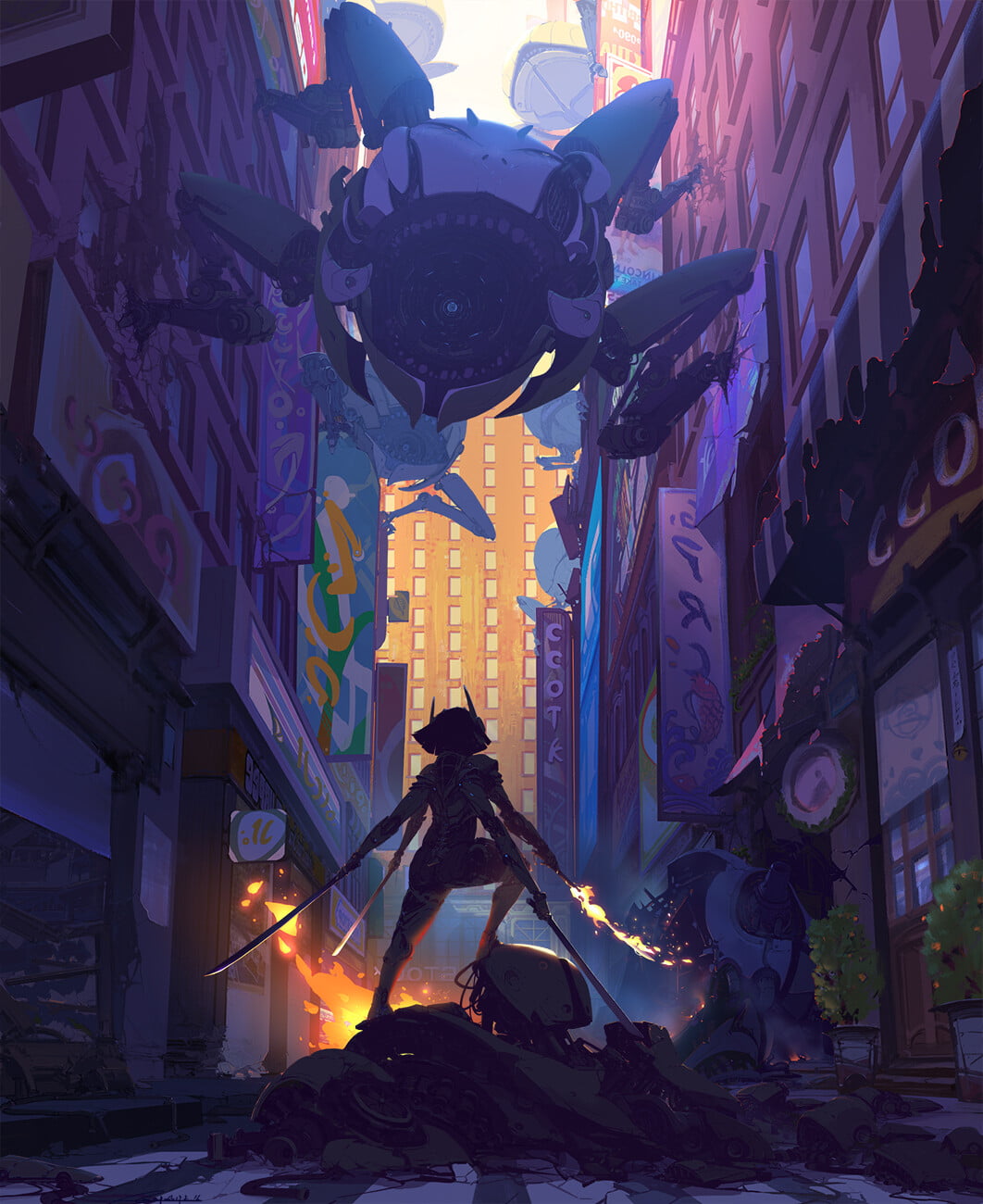 Oni, arms, debris, digital art, katana, 720P, robot, cyborg, street, fire, Japanese, science fiction, horns, Phone HD Wallpaper