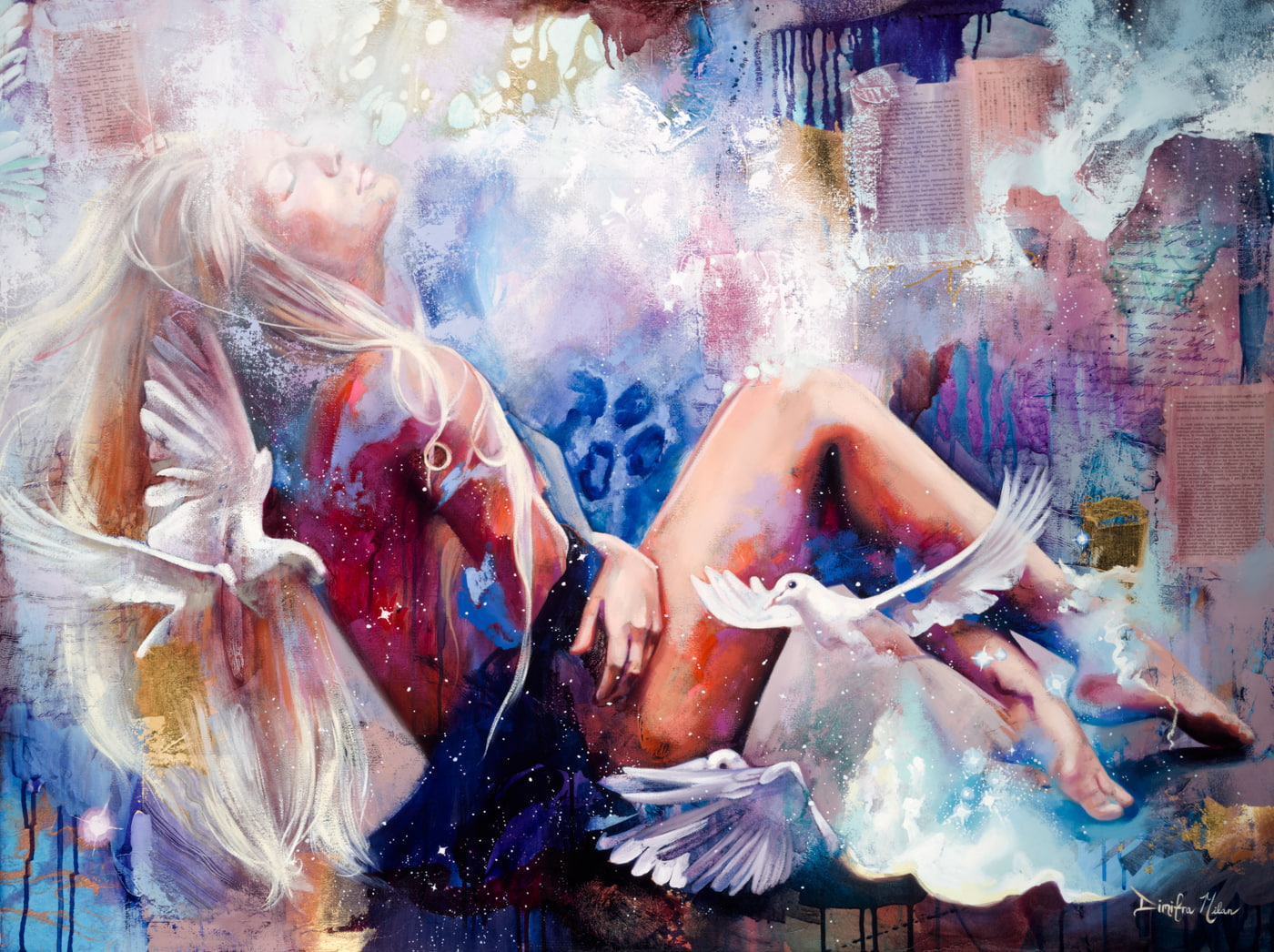 dove, painting, 720P, women, Dimitra Milan, HD Wallpaper