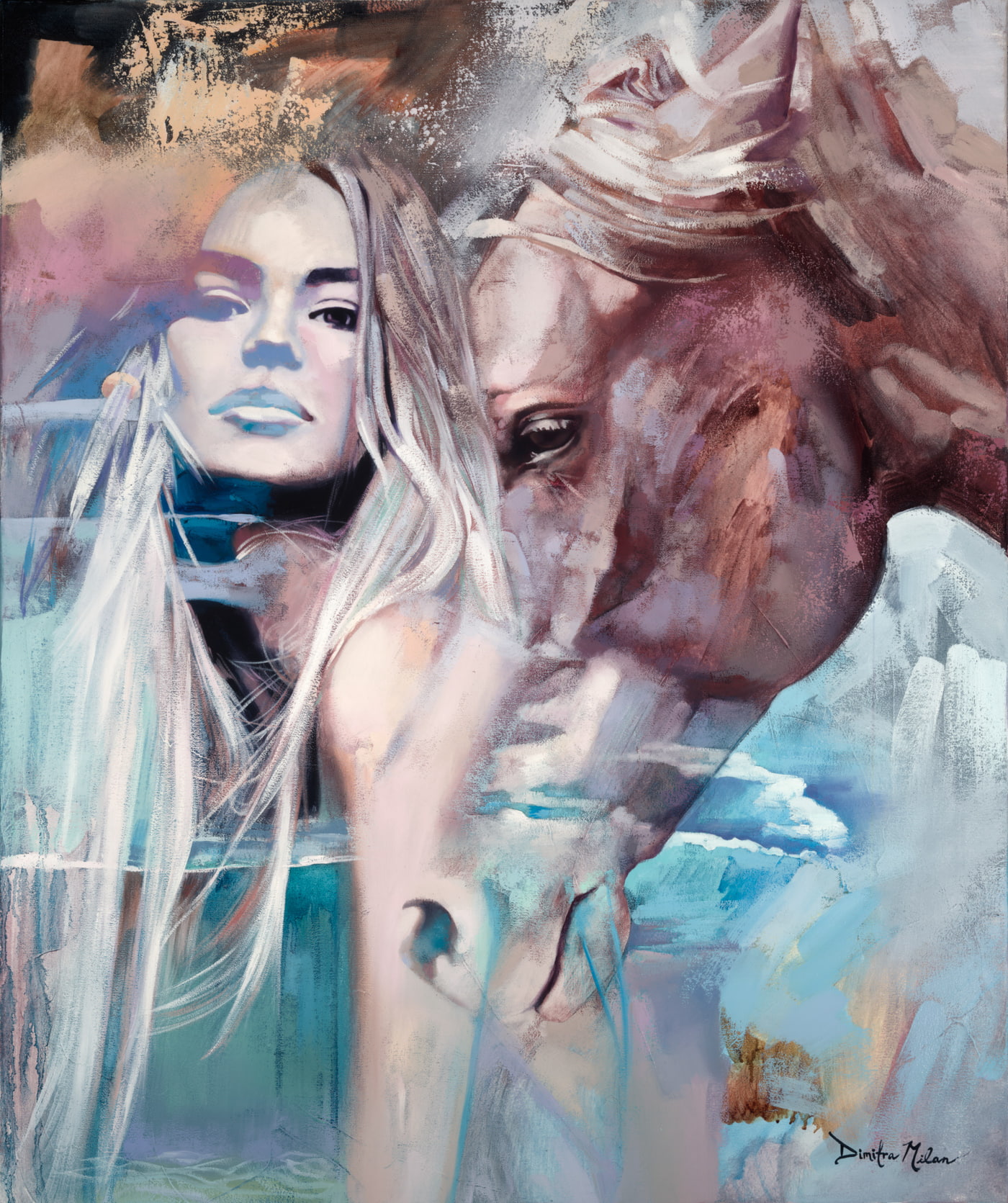 horse, women, 720P, Dimitra Milan, painting, Phone HD Wallpaper