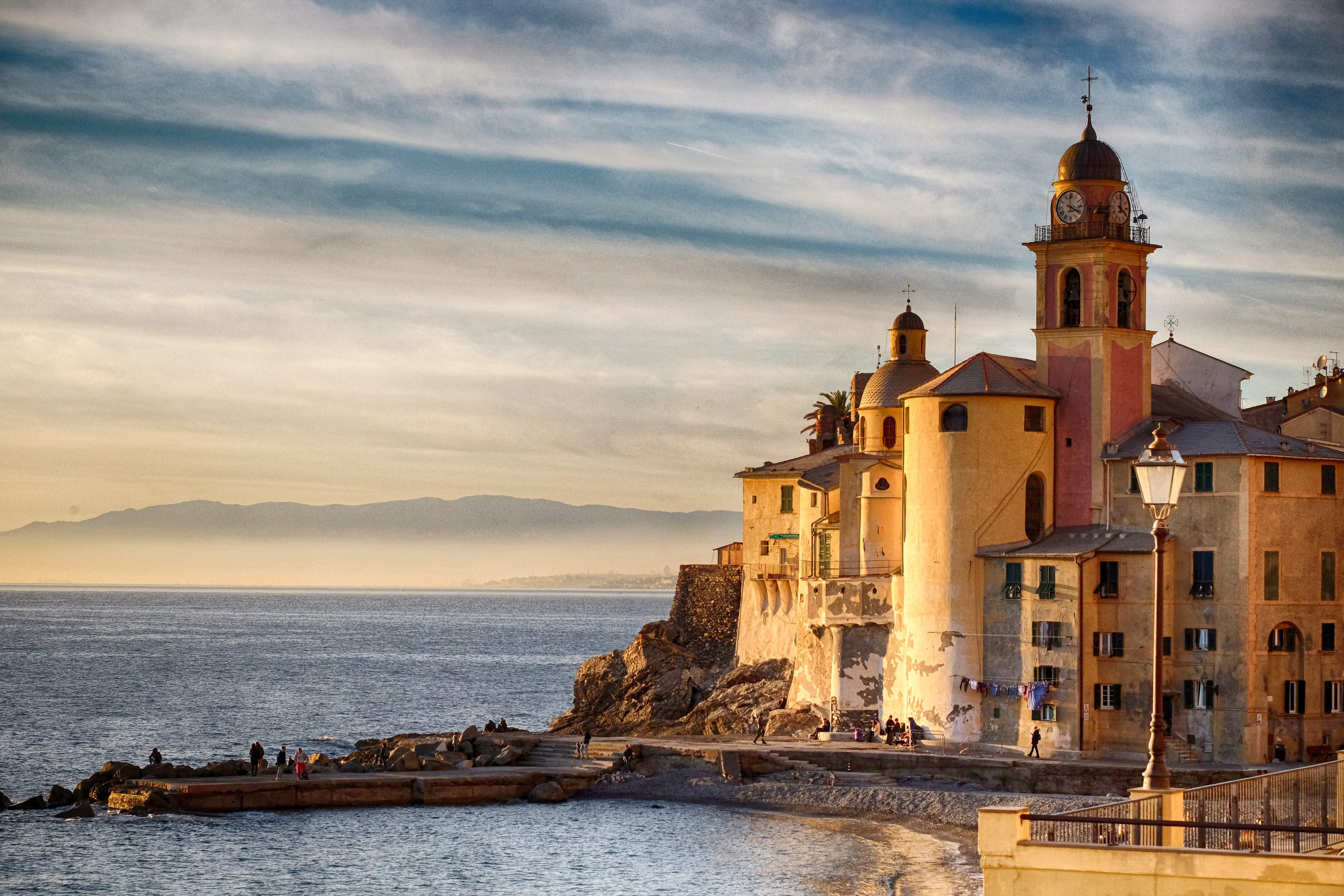 tower, beach, architecture, cloud - sky, sky, tourism, city, holiday, sea, travel, religion, camogli, colorful, building exterior, built structure, genoa, HD Wallpaper