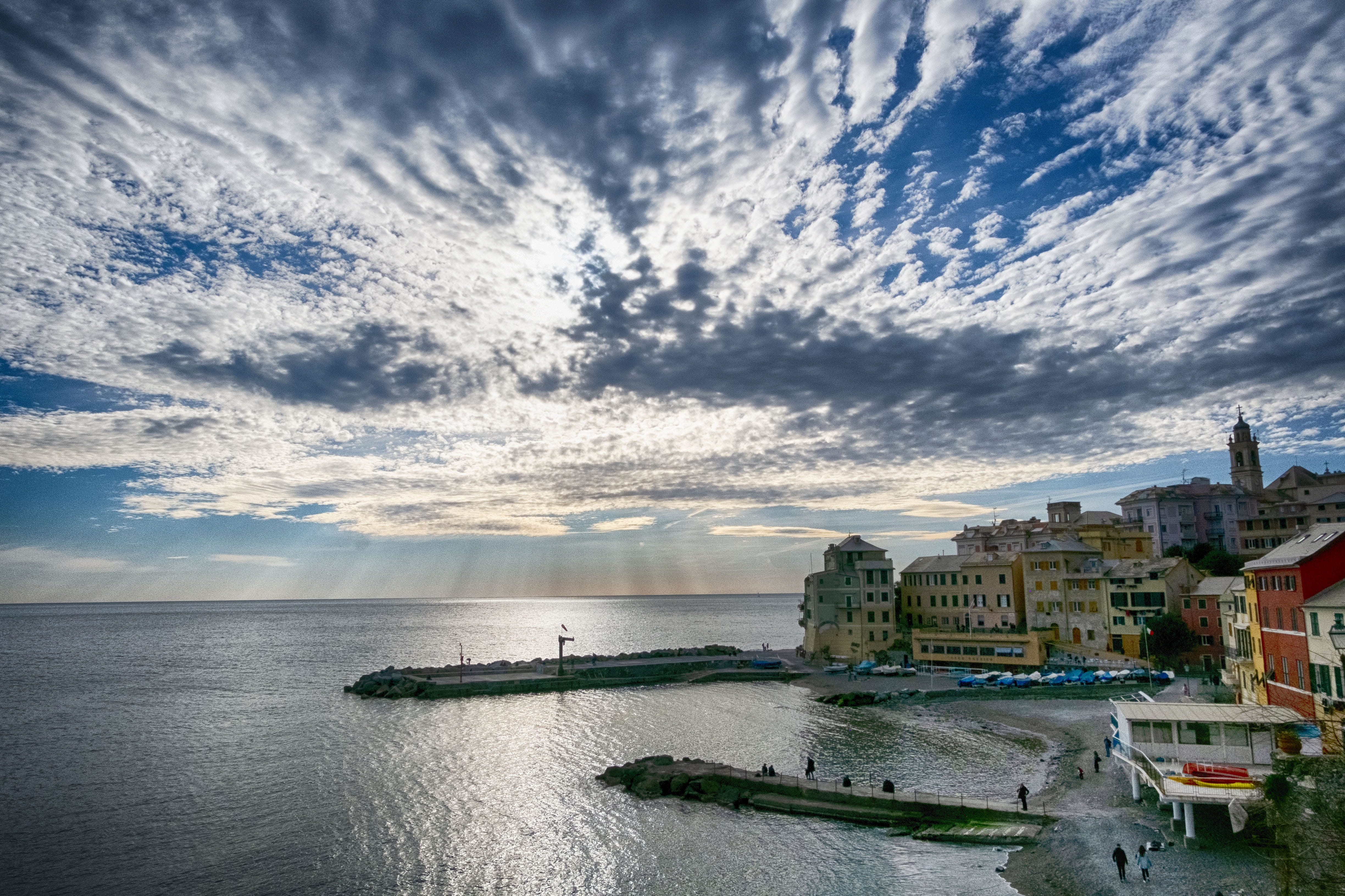 built structure, environment, holidays, transportation, no people, sky, sunset, genoa, beauty in nature, clouds, tourism, water, bogliasco, summer, building exterior, HD Wallpaper