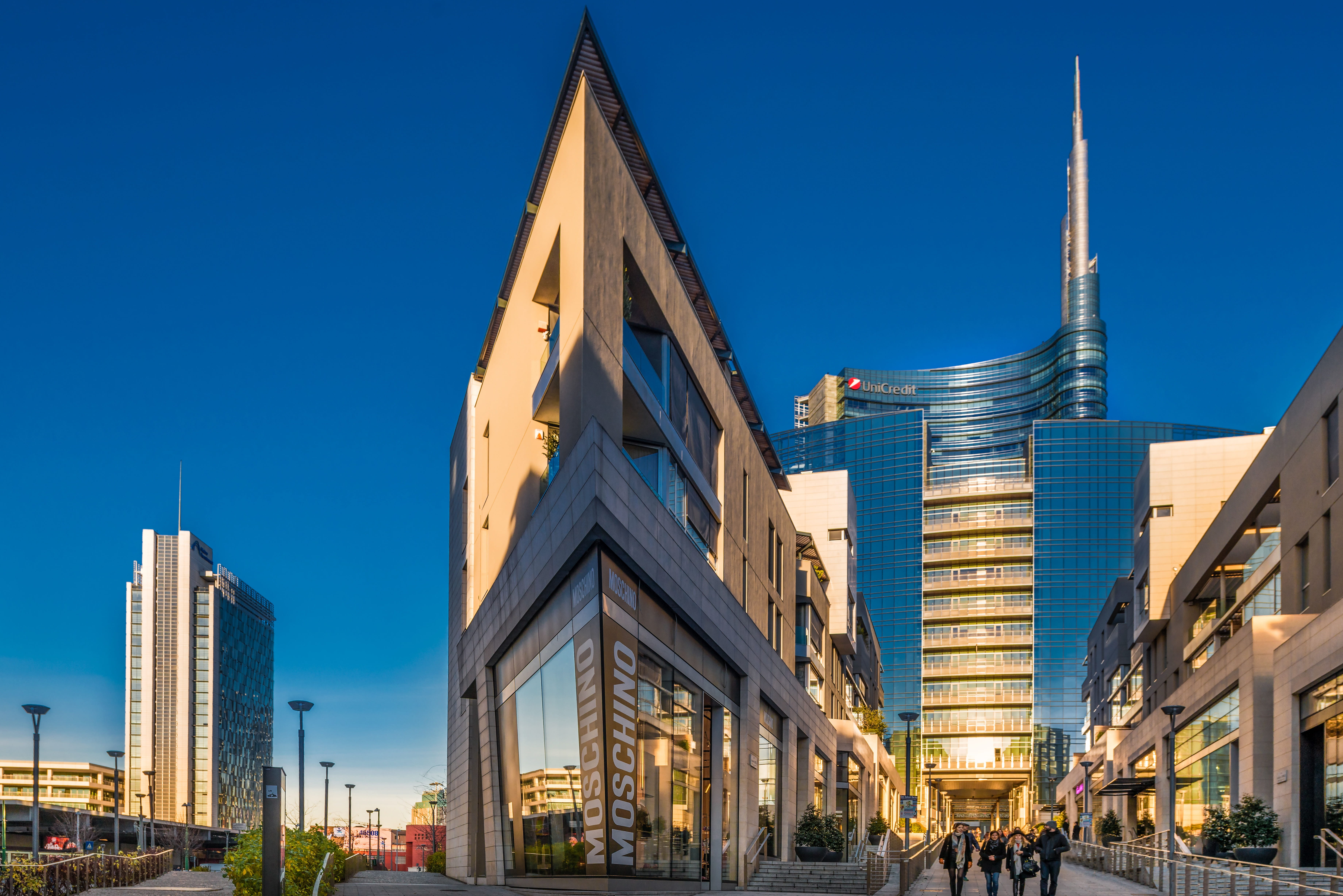cityscape, 5K, nature, finance, banks, milan, modern, tower, lombardy, architecture, blue, illuminated, italy, city life, fashion, skyscraper, outdoors, HD Wallpaper