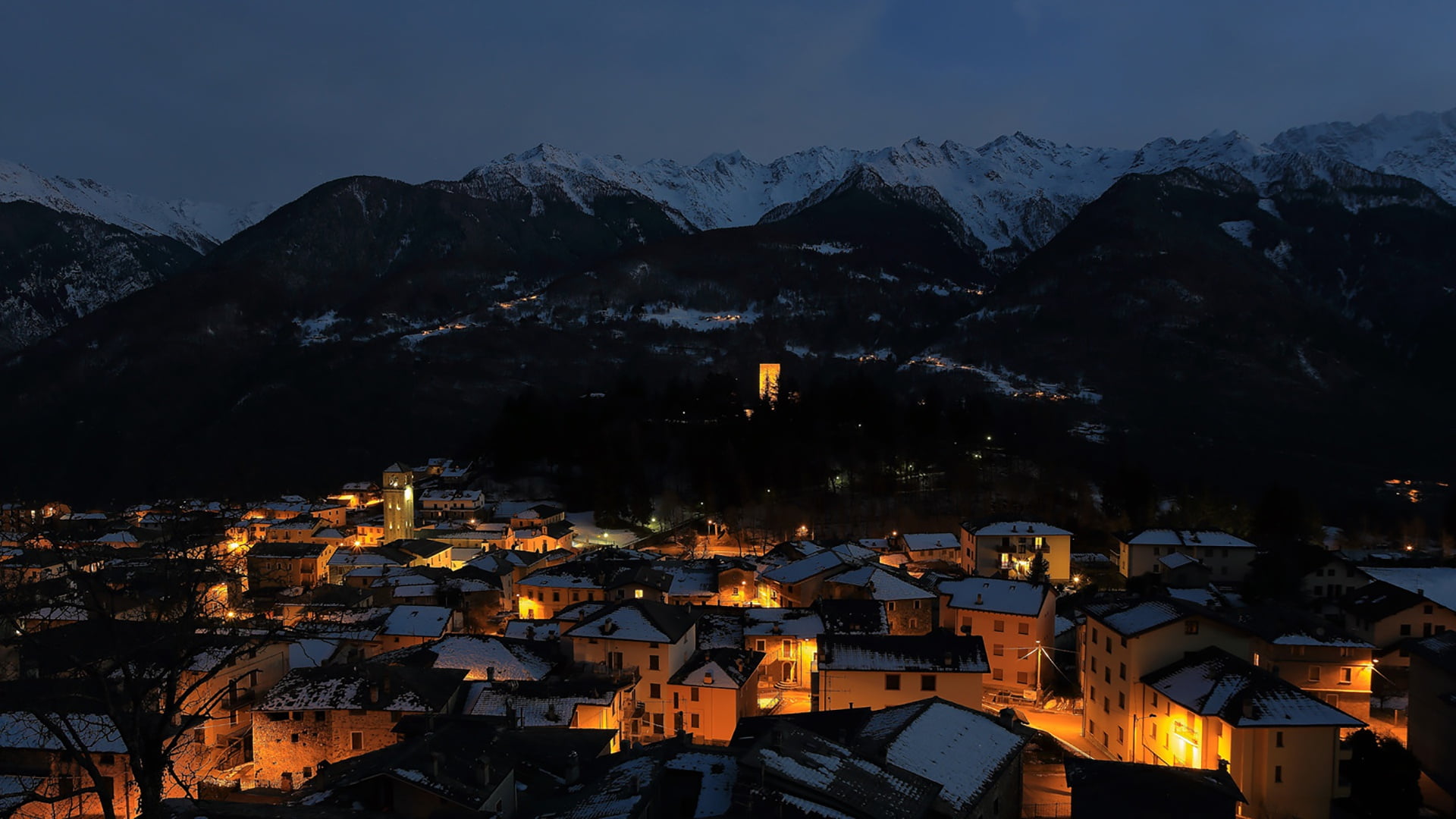 Alps, Sondrio, lights, Teglio, Lombardy, Italy, winter, 1080P, night, HD Wallpaper