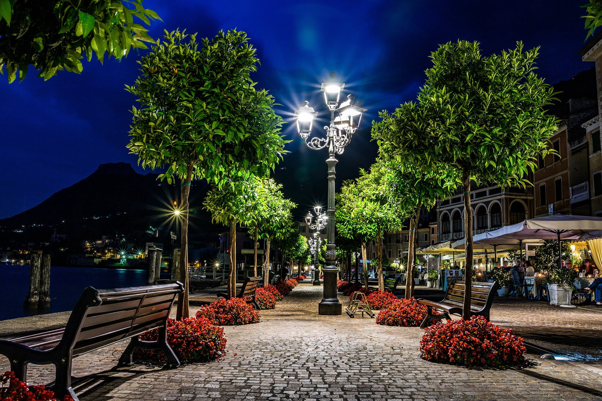 Italy, Garda, Lombardy, 1080P, benches, illumination, trees, lights, night, HD Wallpaper