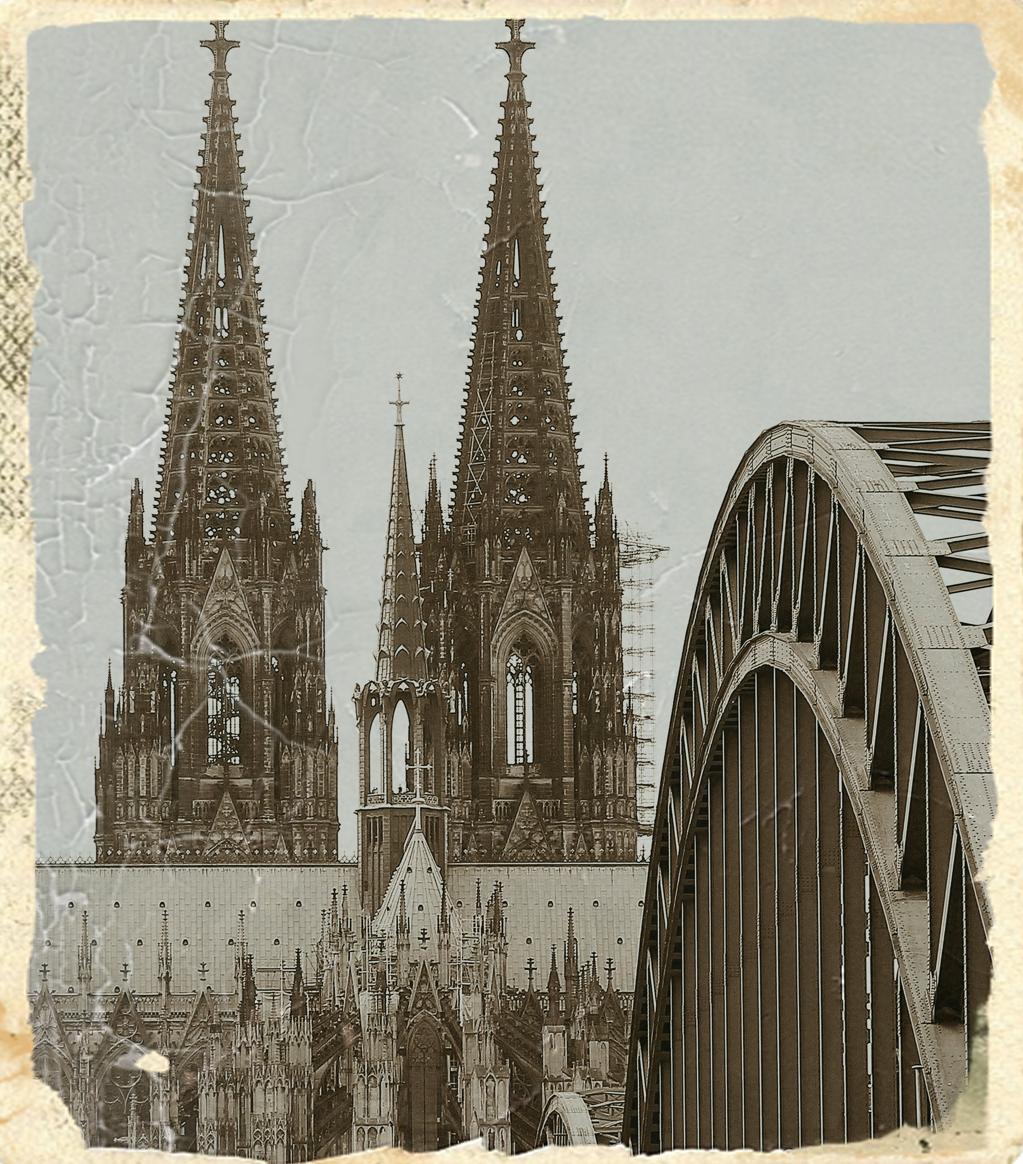 gothic, bridge, cologne on the rhine, romantic, railway, cologne, nature, railway bridge, rhine, steel bridge, transfer print, arches, place of worship, Phone HD Wallpaper