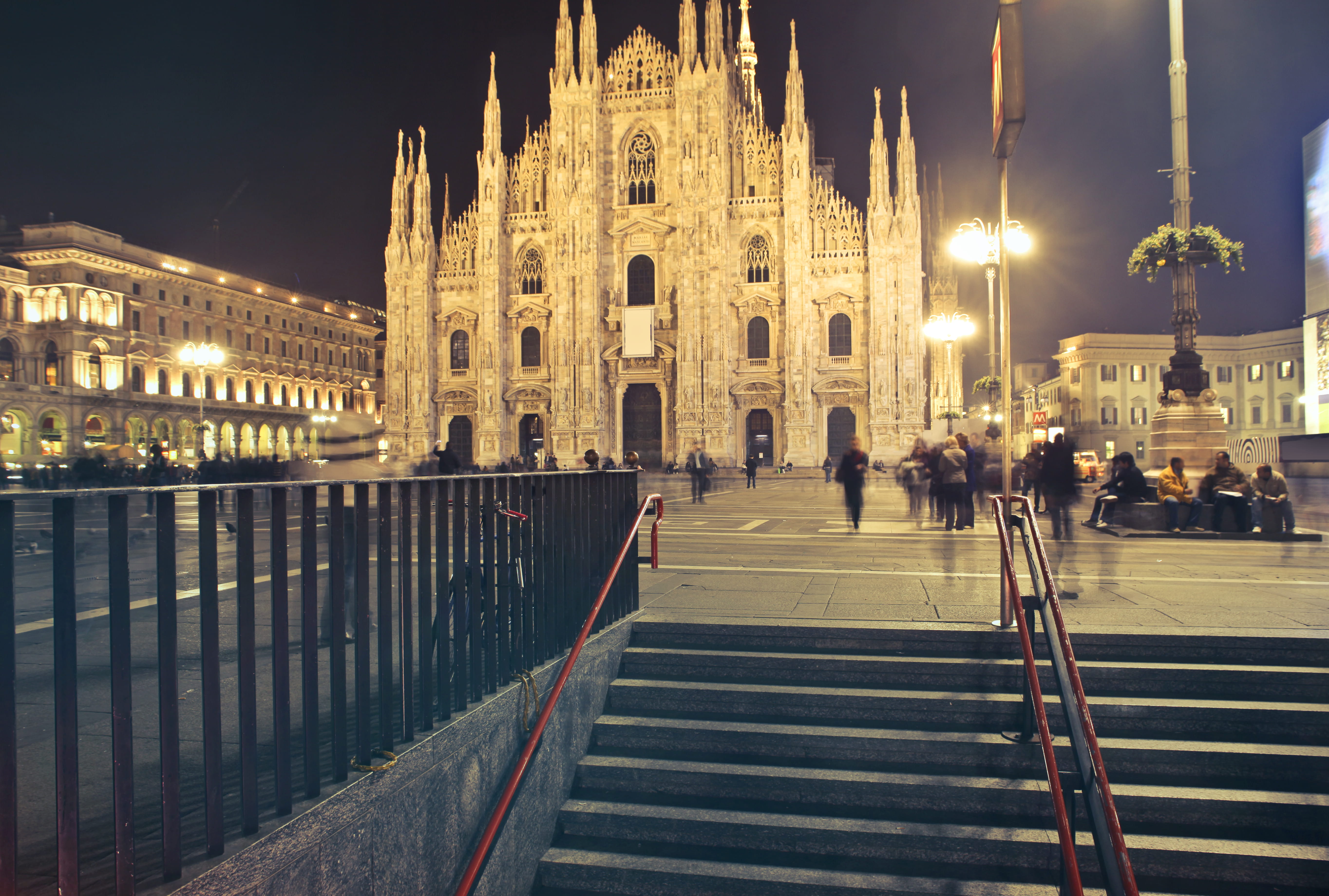 travel destinations, landscape, tourism, landmark, building exterior, 5K, illuminated, evening, milan, stairs, outdoors, ancient, milan cathedral, lighted, HD Wallpaper