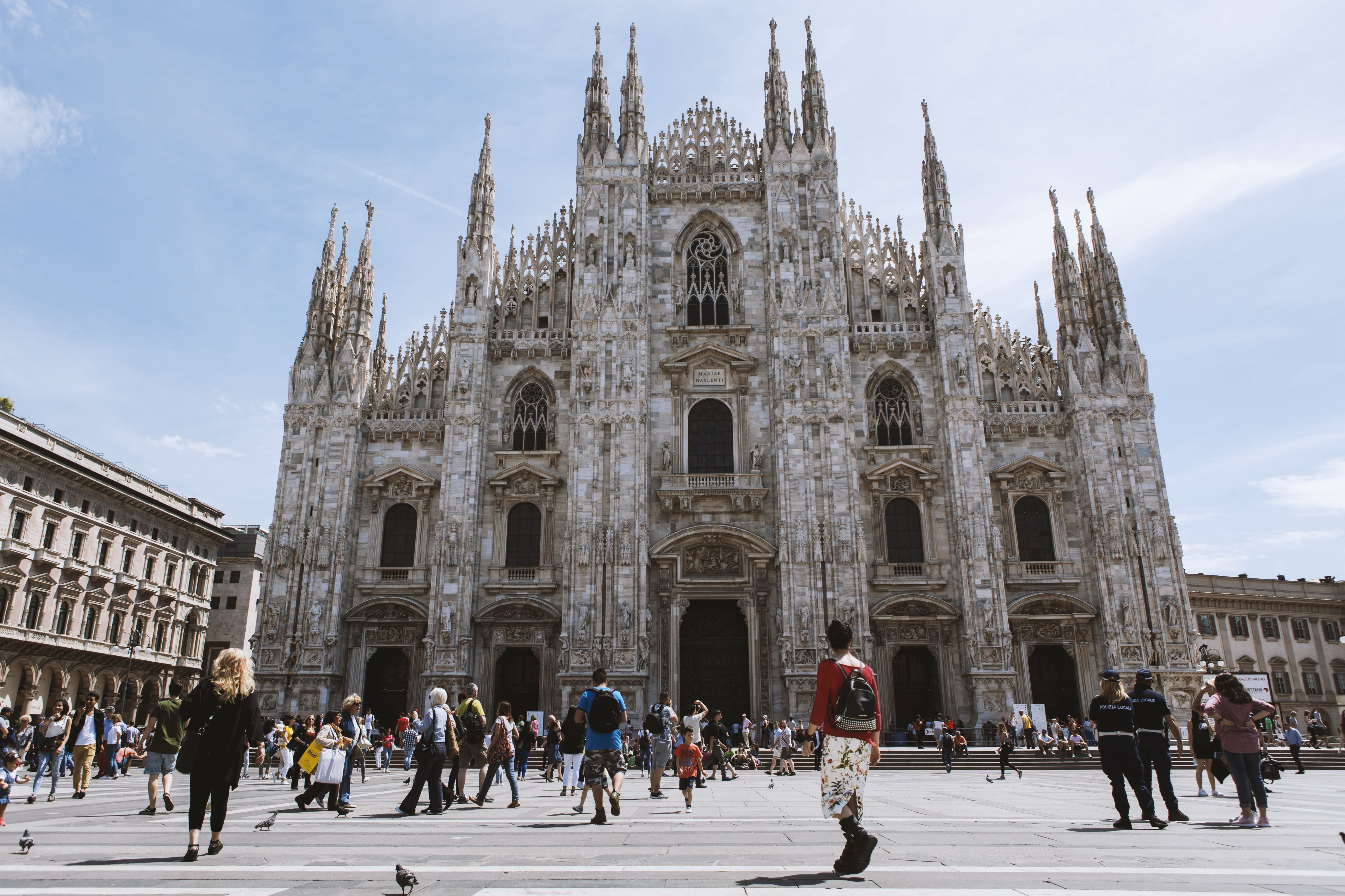 church, white, built Structure, sky, outdoors, square, crowd, tourism, building, near, building exterior, duomo Of Milan, spirituality, religion, travel, HD Wallpaper