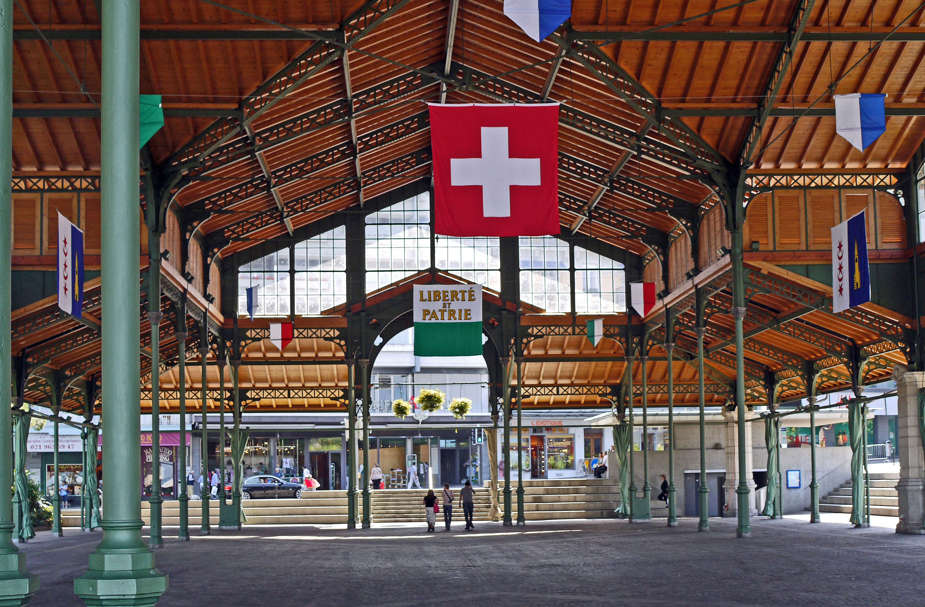flag, market hall, pillar, switzerland, architectural column, roof, built structure, indoors, canton flags, ceiling, western script, railroad station, communication, HD Wallpaper